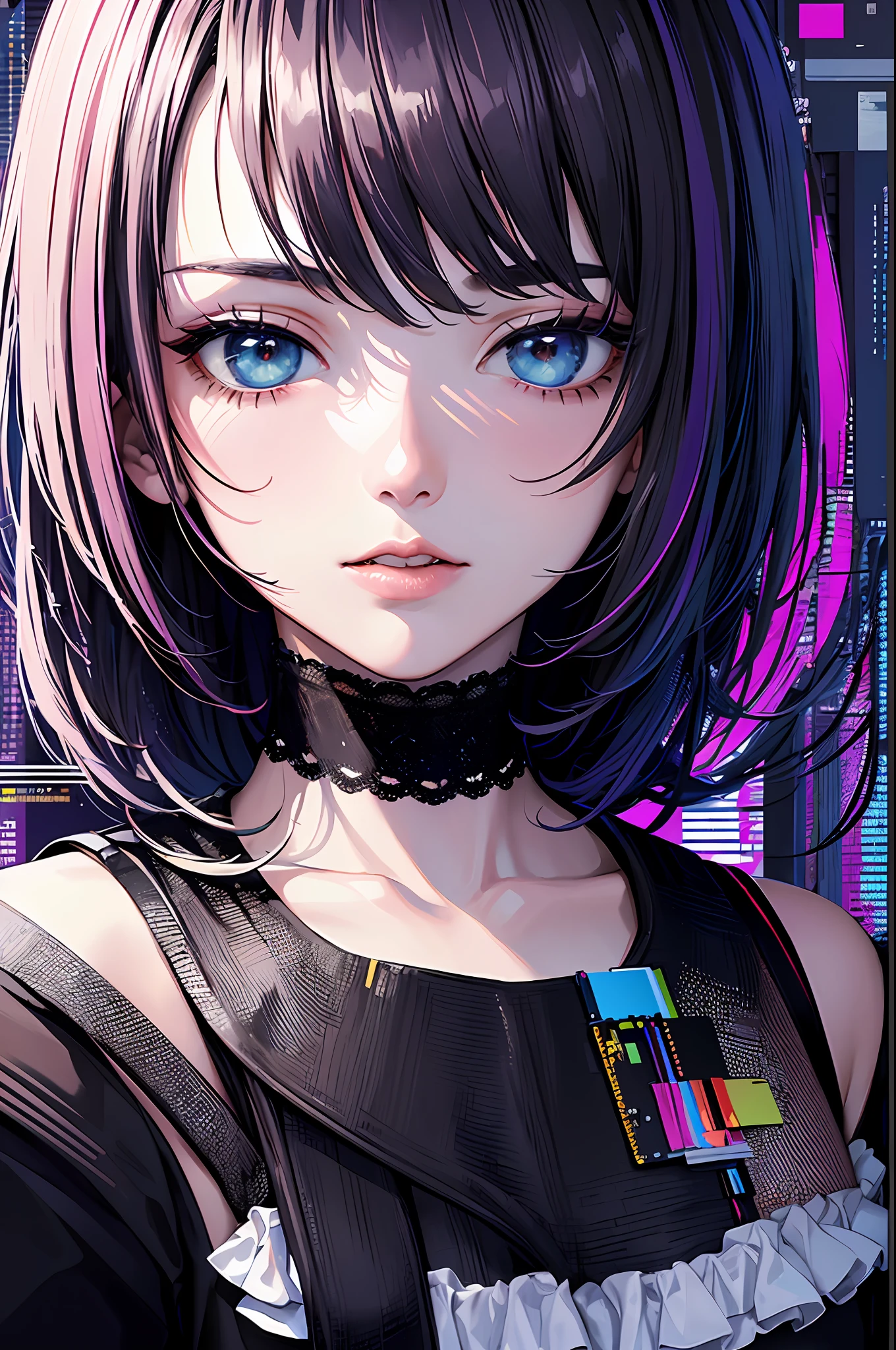 (masterpiece, top quality, best quality, official art, beautiful and aesthetic:1.2), 1girl, glitch art, (digital distortion), pixelated fragments, data corruption,colorful noise, visual chaos,contemporary aesthetics