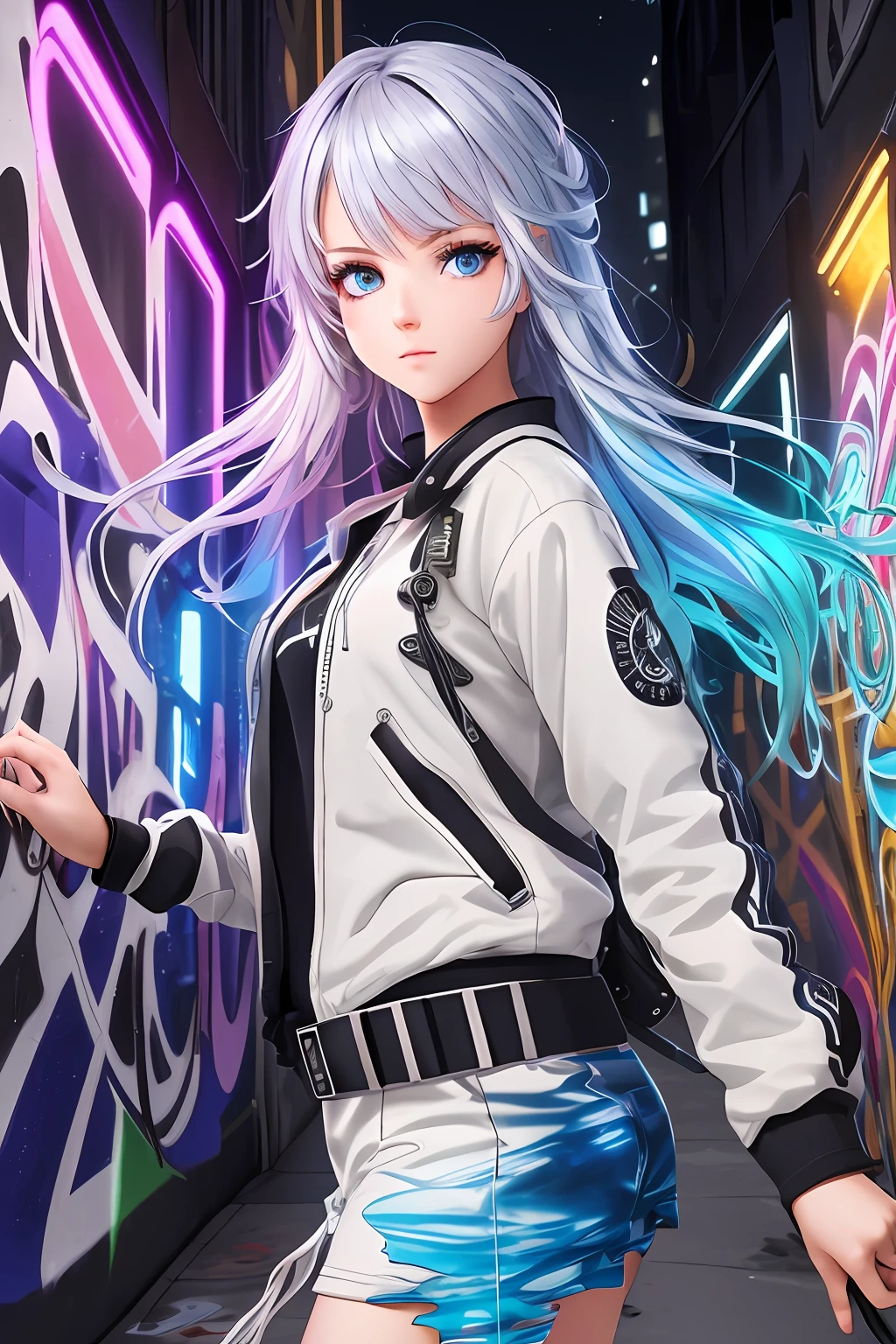 (extremely detailed CG unity 8k wallpaper, masterpiece, best quality, ultra-detailed), (best illumination, best shadow, an extremely delicate and beautiful), floating,

[(1girl), (multicolored_hair), (heterochromia_eyes), (graffiti_clothes), dynamic pose, beautiful face]:0.8
