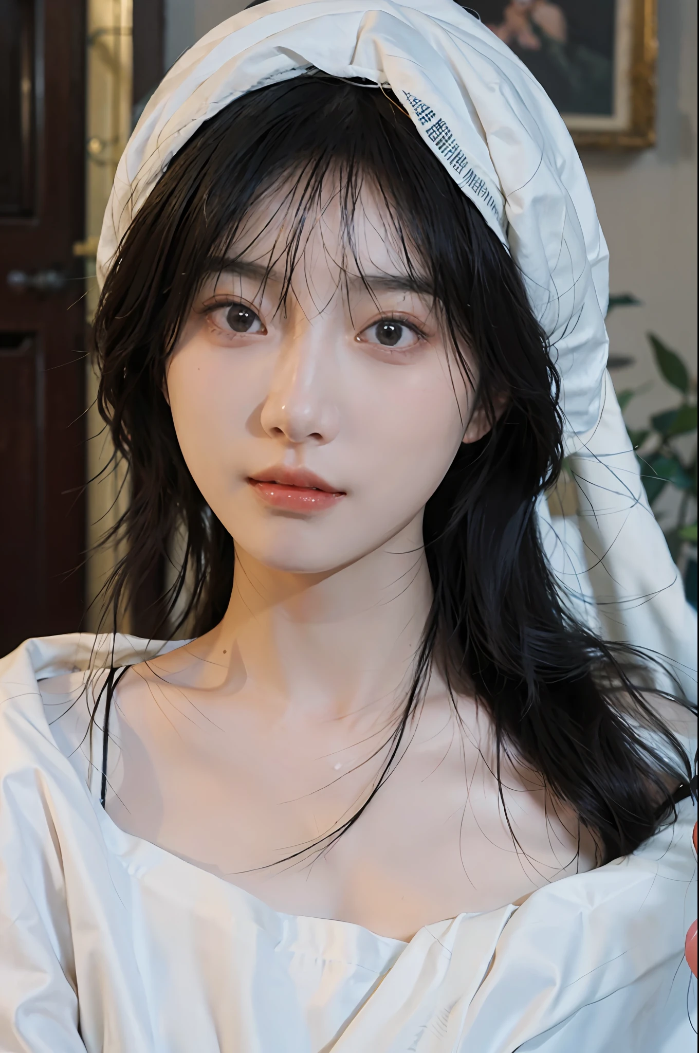 a close up of a woman with long hair wearing a white towel, a photorealistic painting by Zhang Han, tumblr, realism, realistic. cheng yi, soft portrait shot 8 k, lovely delicate face, beautiful delicate face, beautiful aesthetic face, beautiful realistic face, extremely beautiful face, guweiz, cute natural anime face, photorealistic anime, realistic beautiful face