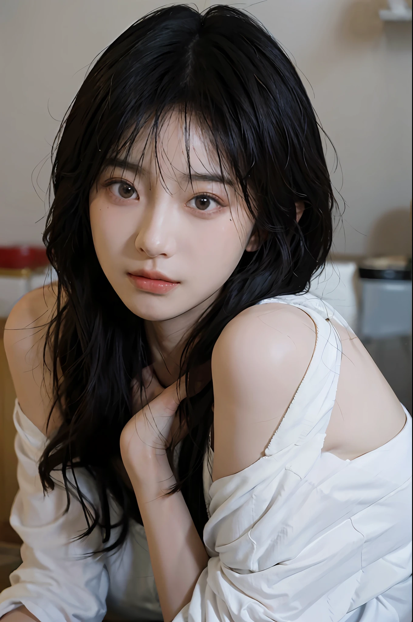 a close up of a woman with long hair wearing a white towel, a photorealistic painting by Zhang Han, tumblr, realism, realistic. cheng yi, soft portrait shot 8 k, lovely delicate face, beautiful delicate face, beautiful aesthetic face, beautiful realistic face, extremely beautiful face, guweiz, cute natural anime face, photorealistic anime, realistic beautiful face