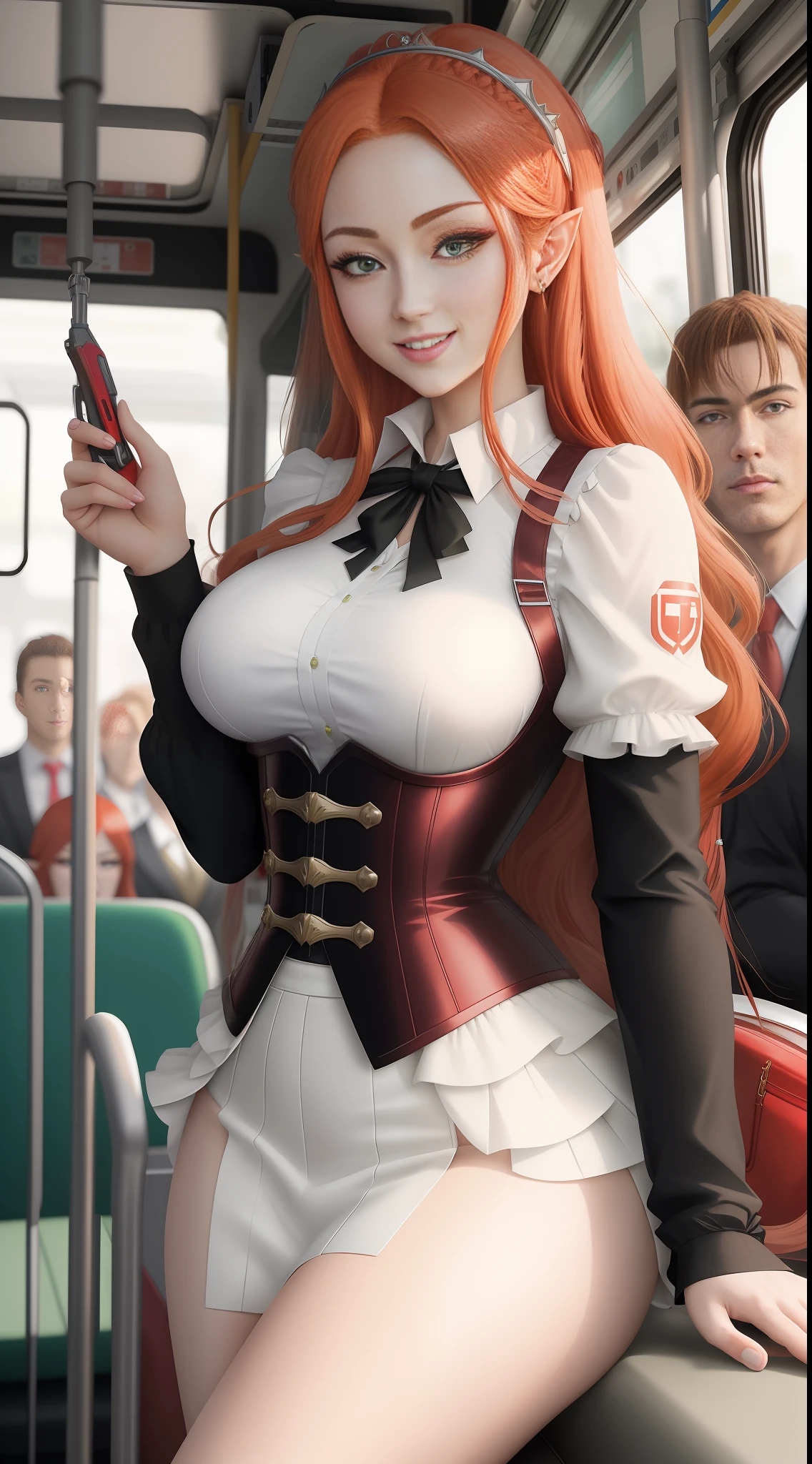 Anime style, masterpiece, maximum quality, maximum resolution, maximum sharpness. A single woman/employee/Princess Zelda/Ultraman/big breasts/ and several men around her, she is wearing a suit, inside a bus, the woman has red hair, green eyes, is smiling, her clothes and has a black shirt with white shot and white corset.
