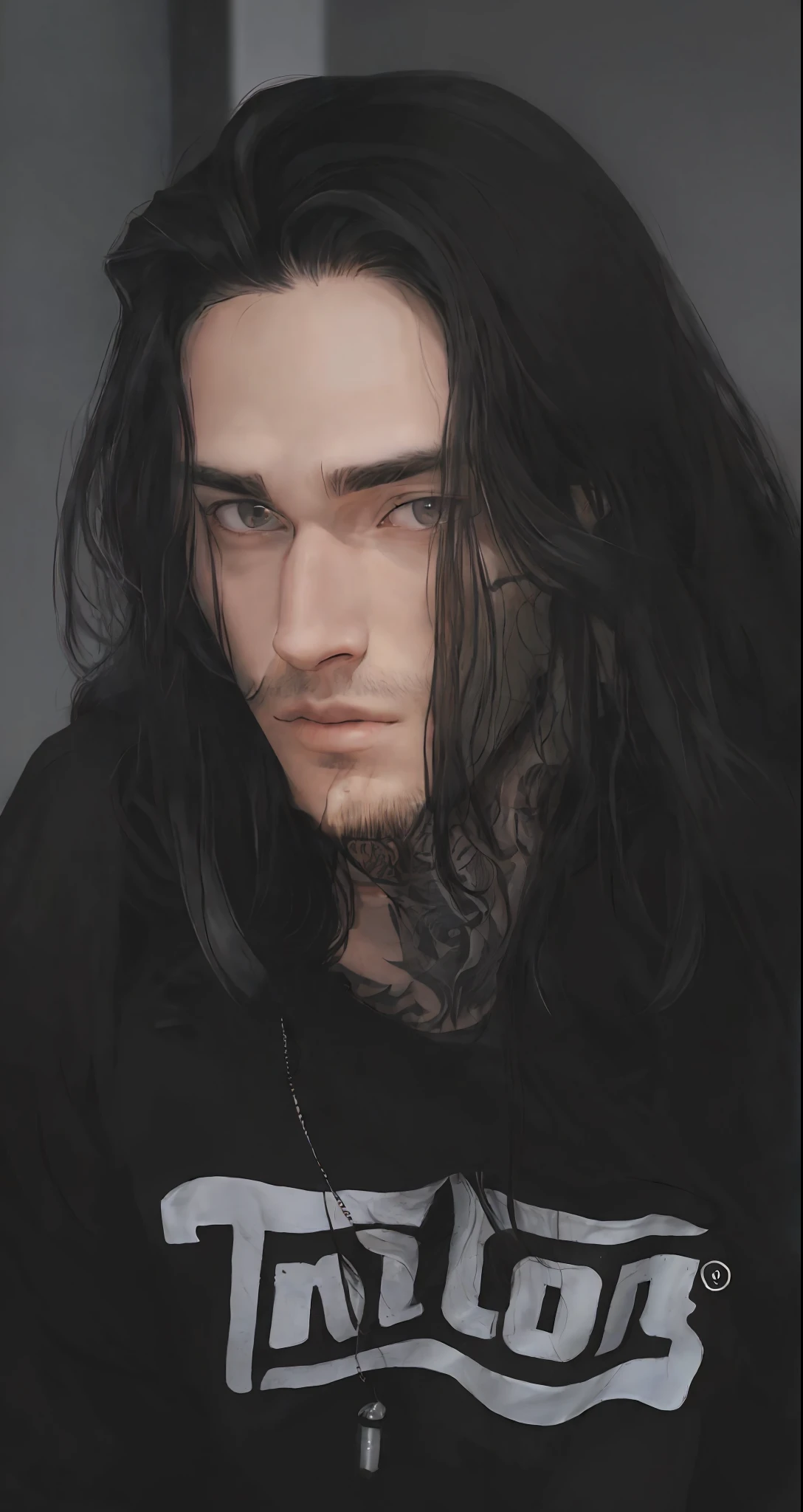 arafed man with long hair and a black shirt with a tattoo on it, with his long black hair, with long dark hair, around 1 9 years old, with long hair, with long hair and piercing eyes, taken in the mid 2000s, long dark hair, taken in the late 2000s, with long black hair