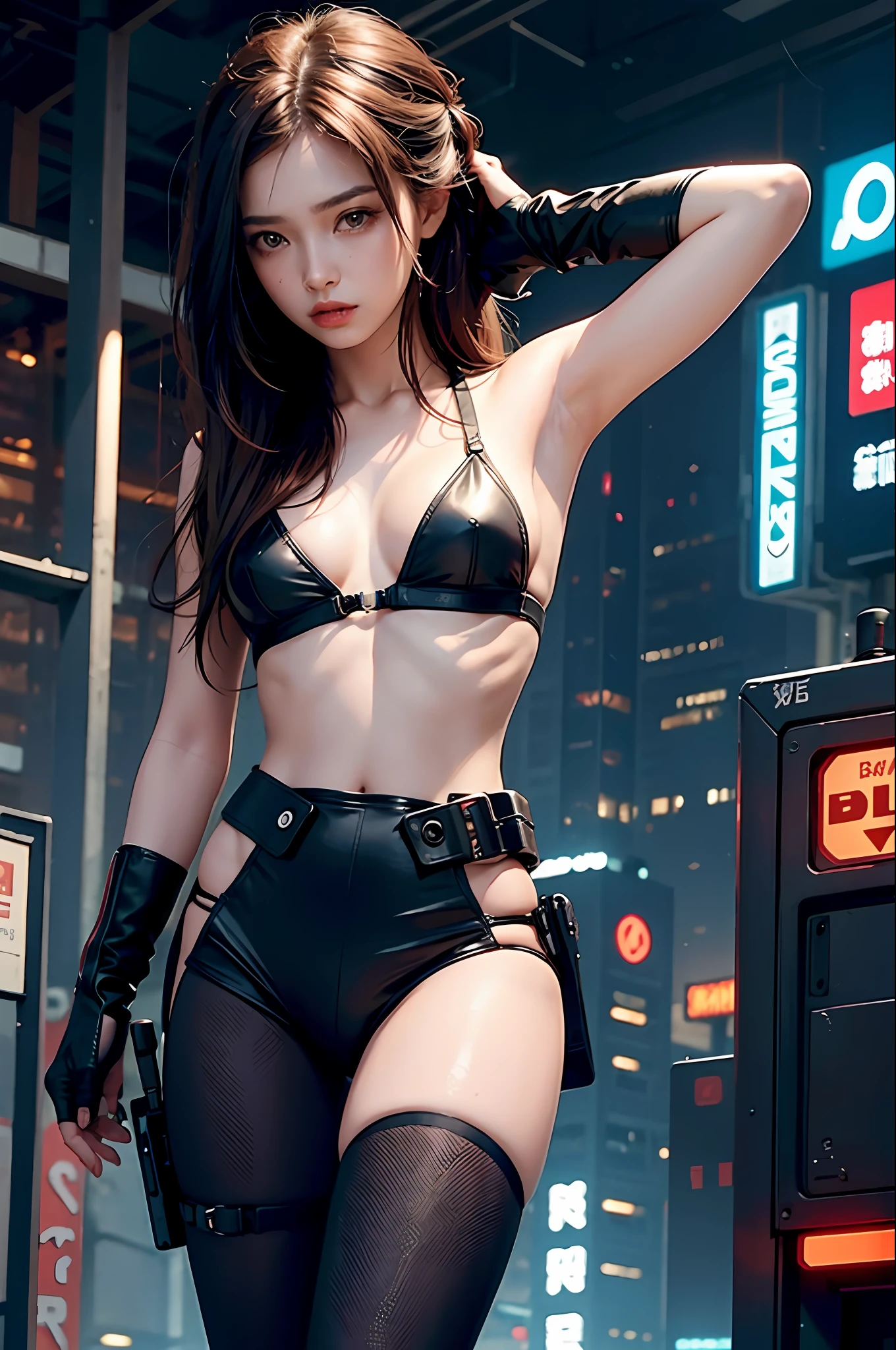 Beautiful girl small breasts, long hair, machine arms in cyberpunk scene