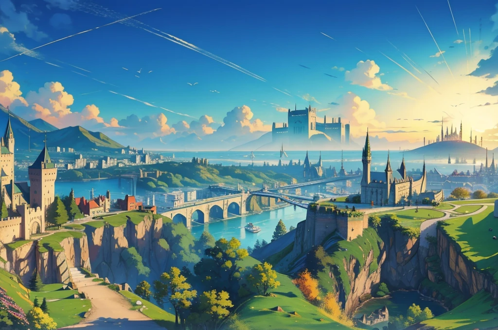 masterpiece, best quality, elf girl on top of a cliff, overlooking a big city with castle at the side of a mountain, aerial view--v6
