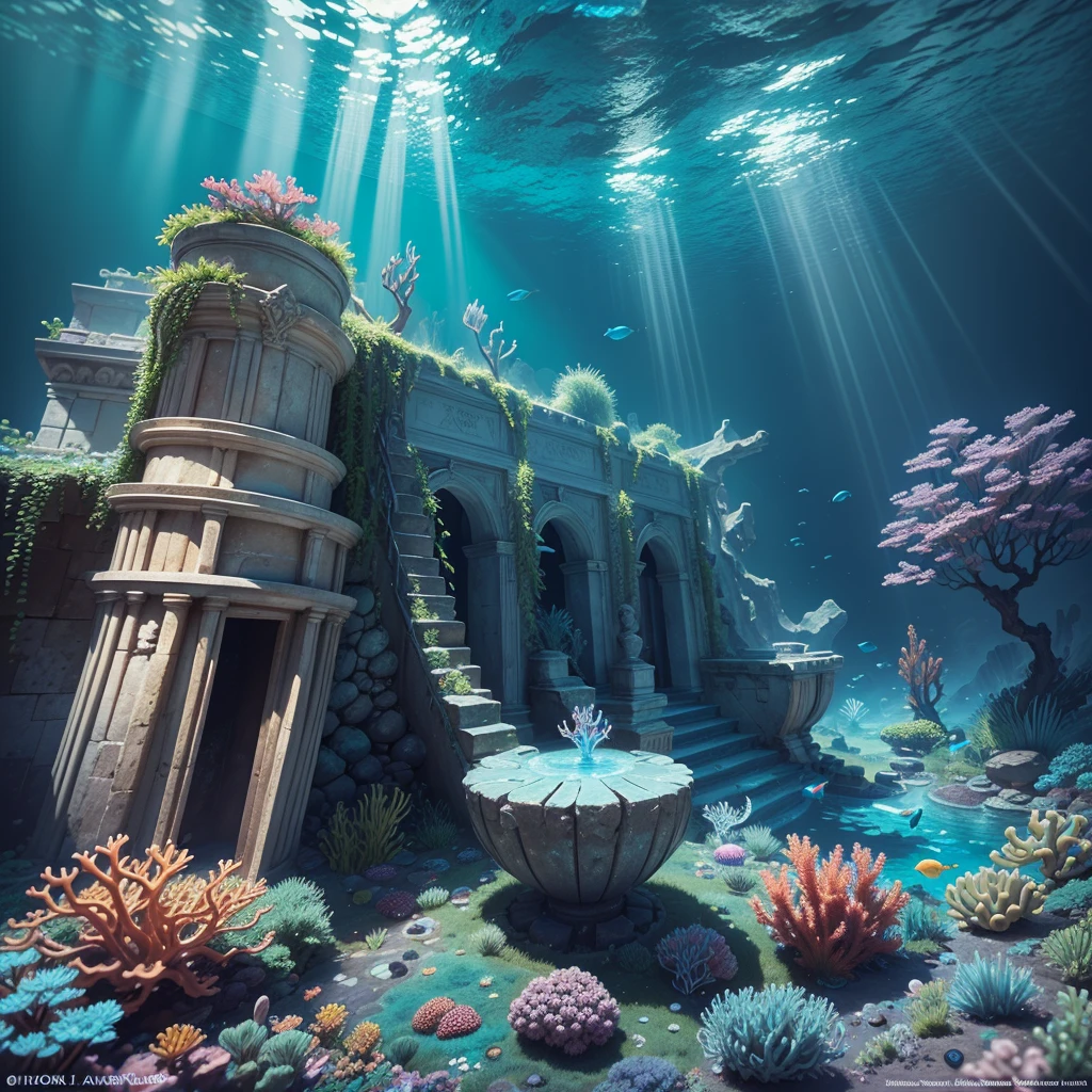 The underwater world of Atlantis, deep sea, epic reality, (hdr: 1.4), dappled sunlight, cool colors, ancient ruins, ocean-type houses full of design sense, deep-sea creatures, coral, fantastic and incredible, epic composition , (Complicated Detail), (Complicated Detail, Ultra Detail: 1.2), Art Station, (Masterpiece, Best Quality) --v 6