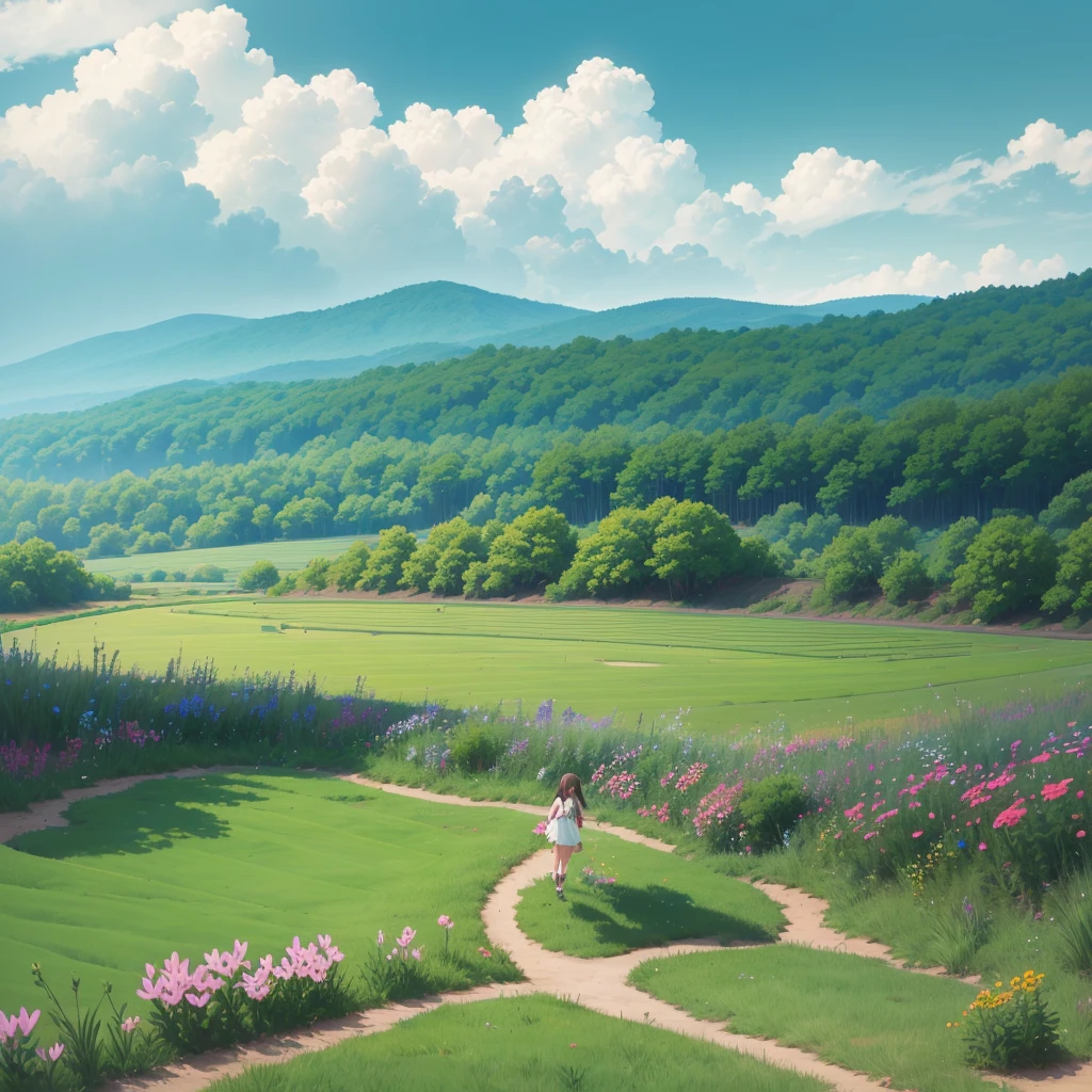High Detail, Ultra Detail, Ultra High Resolution A cute and innocent girl enjoying her time in the open field, surrounded by the beauty of nature, warm sun sprinkling on her, wildflowers gently swaying in the breeze. Butterflies and birds flutter around her, adding to the playful atmosphere, Miyazaki Hayao style --v6