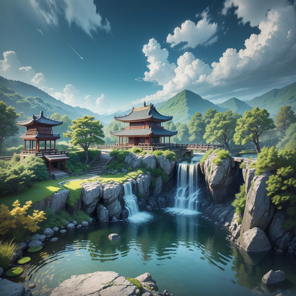 Ancient Chinese architecture, moon, midnight, garden, bamboo, lake, stone bridge, rockery, arch, corner, tree, running water, landscape, outdoor, waterfall, grass, rock, water lily, hot spring, water vapor, (Illustration: 1.0), Epic Composition, Realistic Lighting, HD Details, Masterpiece, Best Quality, (Very Detailed CG Unity 8k) --v 6