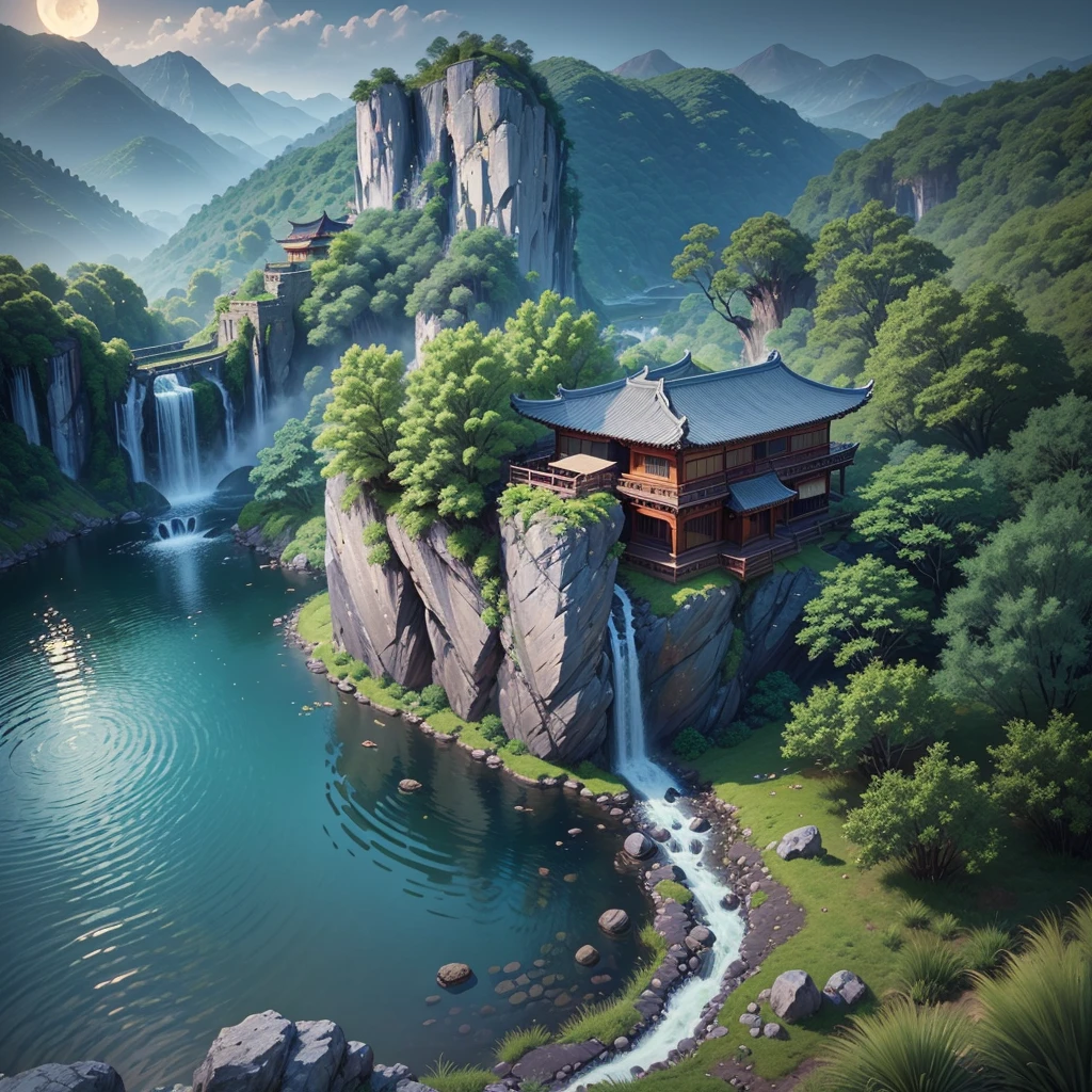 Ancient Chinese architecture, moon, midnight, garden, bamboo, lake, stone bridge, rockery, arch, corner, tree, running water, landscape, outdoor, waterfall, grass, rock, water lily, hot spring, water vapor, (Illustration: 1.0), Epic Composition, Realistic Lighting, HD Details, Masterpiece, Best Quality, (Very Detailed CG Unity 8k) --v 6