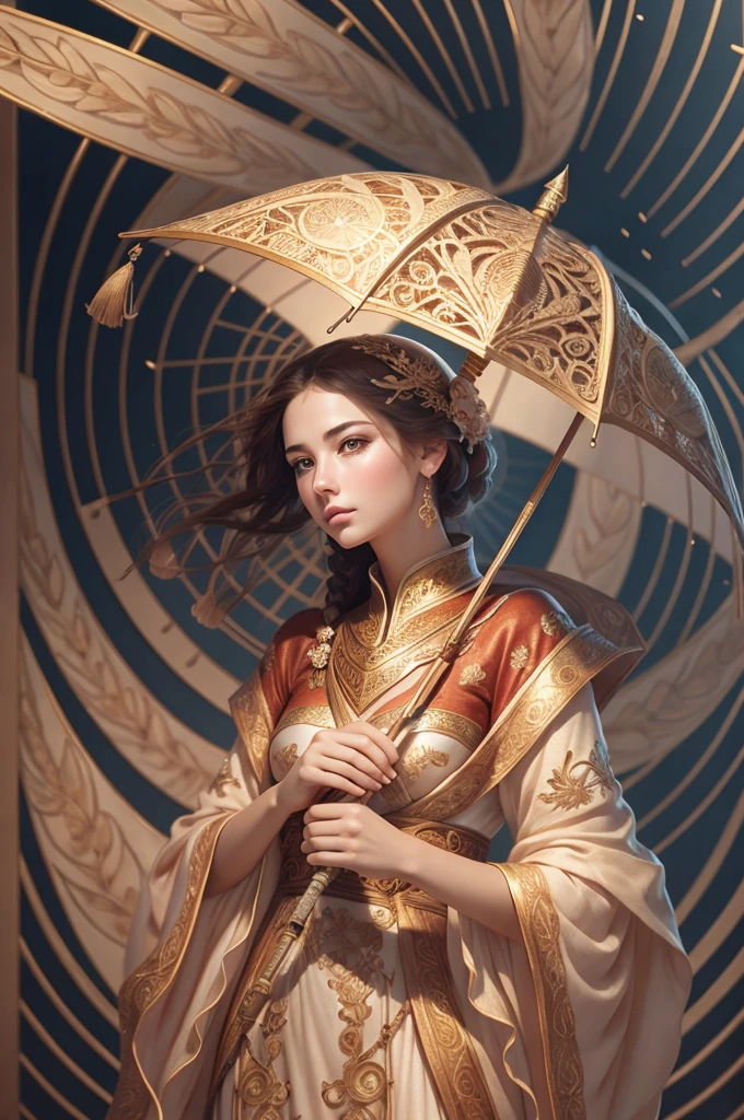 Woman with umbrella, Dan phoenix eyes, feminine expression, ancient style, floating in the air, delicate face, dark sky background, big breasts, clothes red, white and gold color scheme, extreme details, realistic light, epic composition, (intricate details), (intricate design, ultra details: 1.2), art station, (masterpiece, best quality), ultra hd, 32k --v 6