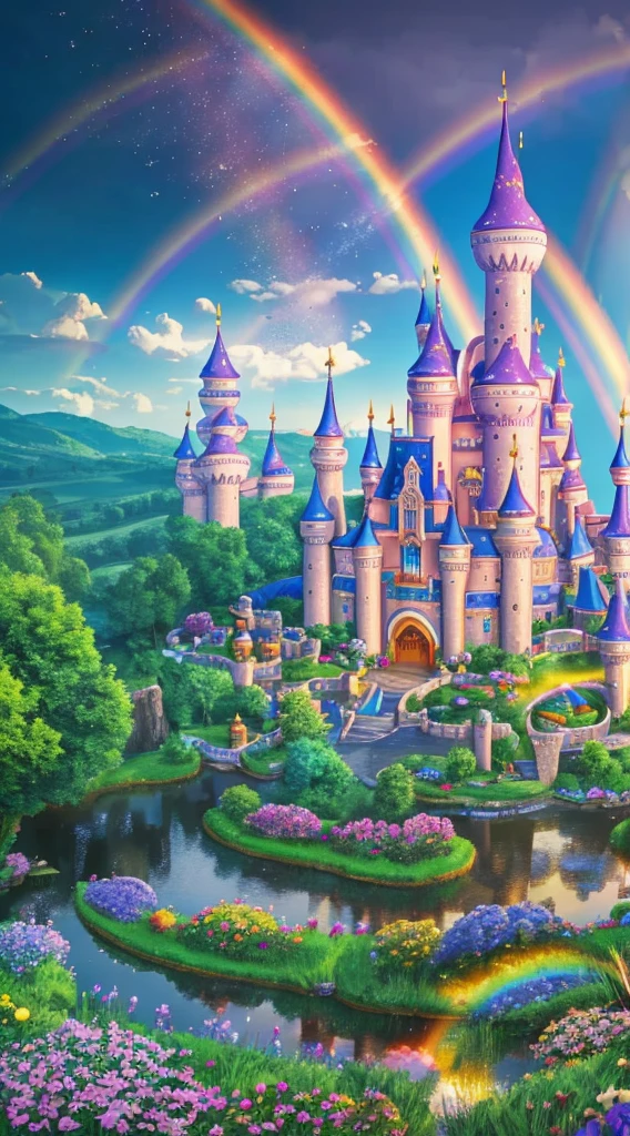 A wide-angle shot of a fairytale land, with a castle in the center and a rainbow in the sky --v 6