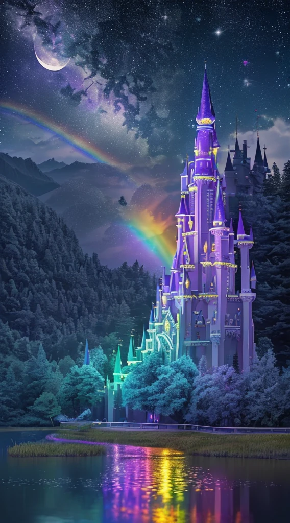 (((perfectly rendered magic castle)), artwork grade, particle rendering, ({vivid}saturated, ({rainbow} rainbow twinkle)), ({floating} levitation), ({in_the_lake} lake), ({night_camp} night view), extreme vista, (({moon} moonlight) shining), ({fog} foggy) ,真实光影效果高对比度,超清,8k,逼真,杰作 --v 6