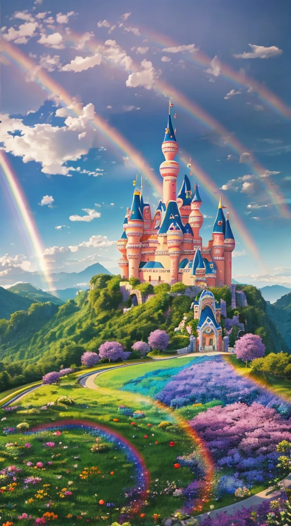 A wide-angle shot of a fairytale land, with a castle in the center and a rainbow in the sky,鱼眼视角 --v 6