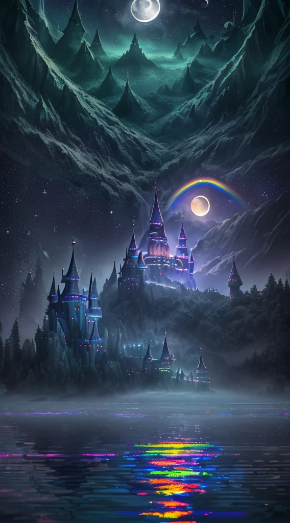 ((perfectly rendered rainbow-colored magic castle)), artwork grade, particle rendering, ({vivid}saturated, ({floating} levitation), ({in_the_lake} lake), ({night_camp} night view), extreme vista, (({moon} moonlight) shining), ({fog} foggy) --v 6