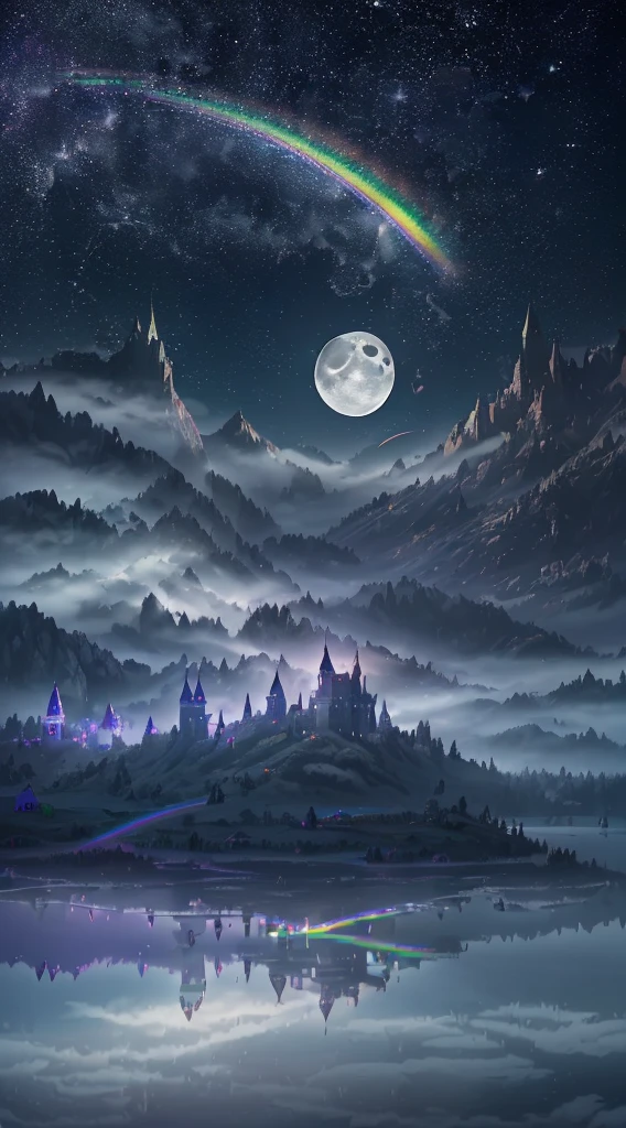 ((A perfectly rendered rainbow-colored magic castle)), artwork quality, particle rendering, ({vivid}saturated, ({floating} suspended clouds), ({in_the_lake} lake), ({night_camp} night view), extreme vista, (({one moon} moonlight) shining), ({fog} foggy) --v 6