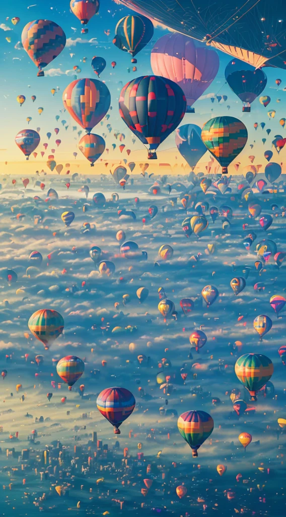 ((🎈 City in the Sky composed of hot air balloons)), artwork-quality quality, particle rendering, ({vivid} high saturation), ({floating} suspended), ({water} water surface) scenes, under ({🌈 ☀️ 🔮 sunlight} sunlight), (🌊 🌫️{fog} fog) surrounded by extremely distant perspectives. --v6