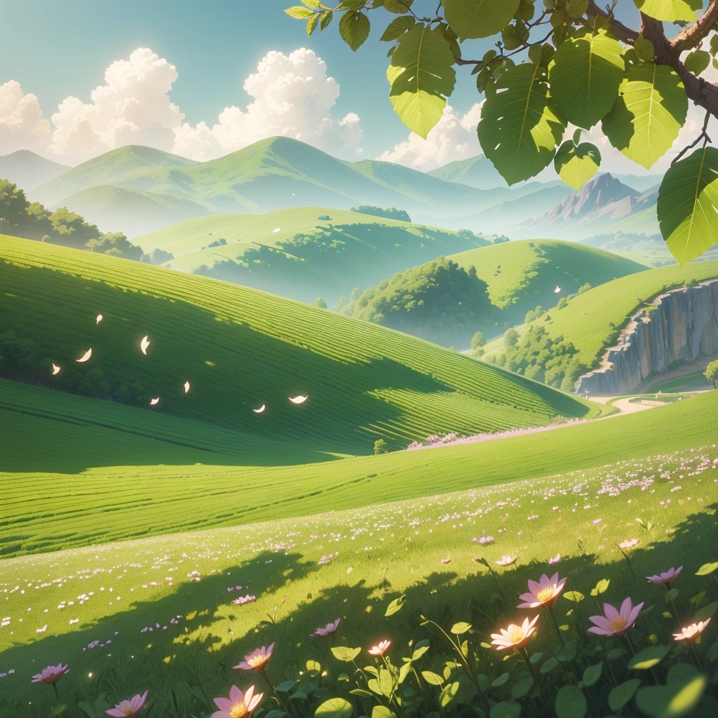 (very detailed CG unit 8k wallpaper) (best quality), (best illustration), (best shadows) green fields, valley, delicate petal leaves of various colors falling into the air, ultra detailed --v6, Ray tracing, best quality, 16k