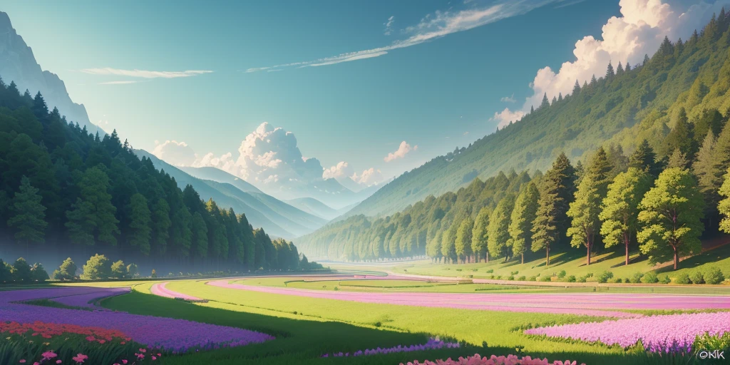 (very detailed CG unit 8k wallpaper) (best quality), (best illustration), (best shadows) green fields, valley, trees , colorful flowers, ultra detailed --v6, Ray tracing