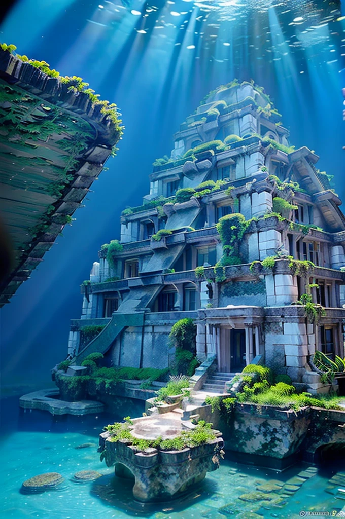 Underwater world Atlantis, deep sea, epic reality, (hdr: 1.4), dappled sunlight, cool colors, ancient ruins, ocean-type houses full of design sense, fantastic and incredible, epic composition, (complex Detail), (Complicated Detail, Ultra Detail: 1.2), Art Station, (Masterpiece, Best Quality) --v 6