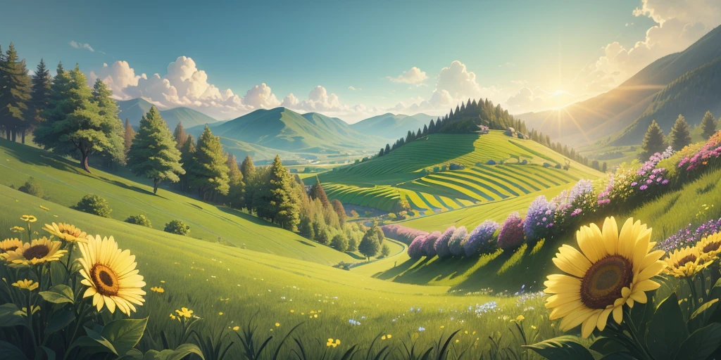 (ultra quality), (ultra illustration), (ultra shadows) green fields, valley, trees , colorful flowers , A baby rabbit , ultra detailed --v6, Ray tracing