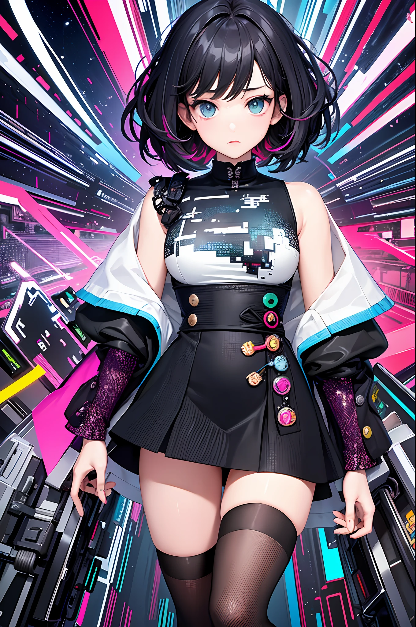 (masterpiece, top quality, best quality, official art, beautiful and aesthetic:1.2), 1girl, glitch art, (digital distortion), pixelated fragments, data corruption,colorful noise, visual chaos,contemporary aesthetics