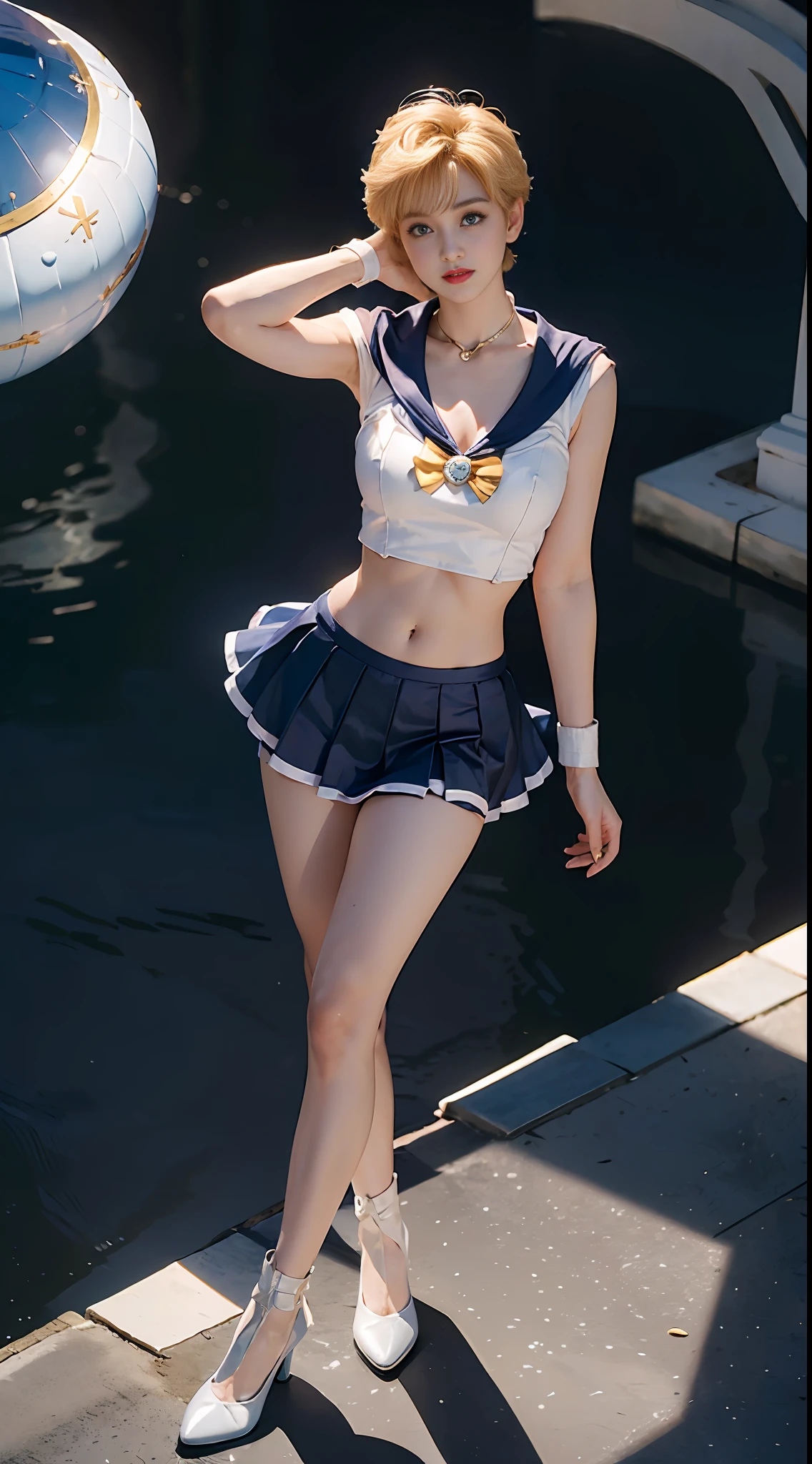 ((Sailor Moon 1:1)) ((Sailor Uranus: 1)) Best Quality, Ultra High Resolution, Masterpiece, (Realisticity: 1.6), 16K, (1girl with open navel), (Sailor suit: 1), (Medium chest), (Blue Miniskirt: 1), White stockings, Full body shot, Life scene, Mature smile, Sexy