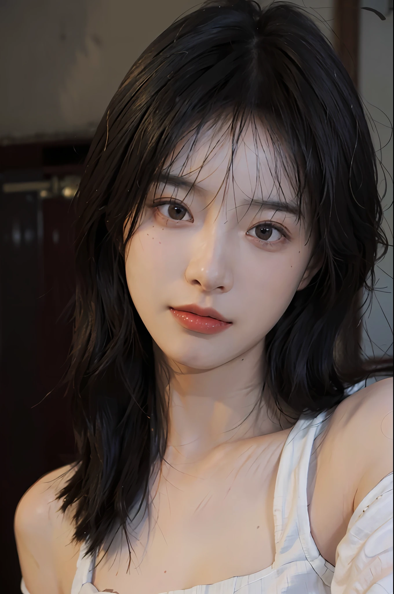 8K, Best Quality, Masterpiece, Ultra High Resolution, (Realism: 1.4), Original Photo, (Realistic Skin Texture: 1.3), (Film Grain: 1.3), (Selfie Angle), 1 Girl, Beautiful Eyes and Face Details, Masterpiece, Best Quality, Close-up, Upper Body, Looking at the Viewer