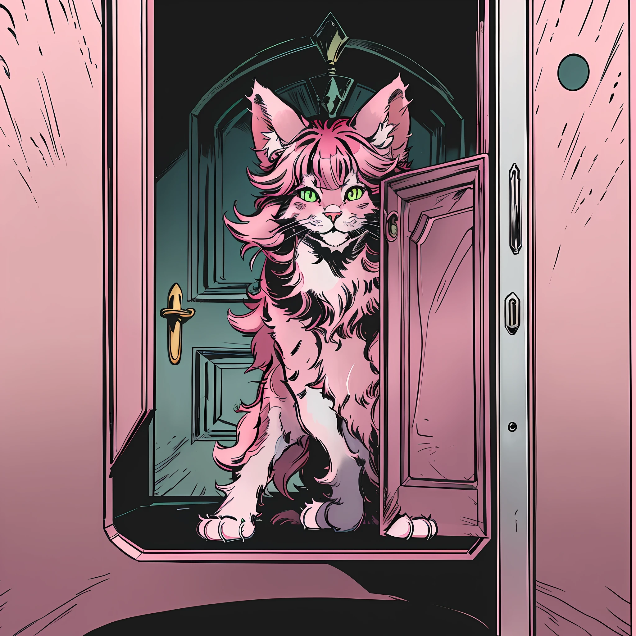 (cat) cheshire from wonderland, cat standing in front of a closed door, full shot, pink and black details, expressive eyes, fur clothing, two colours