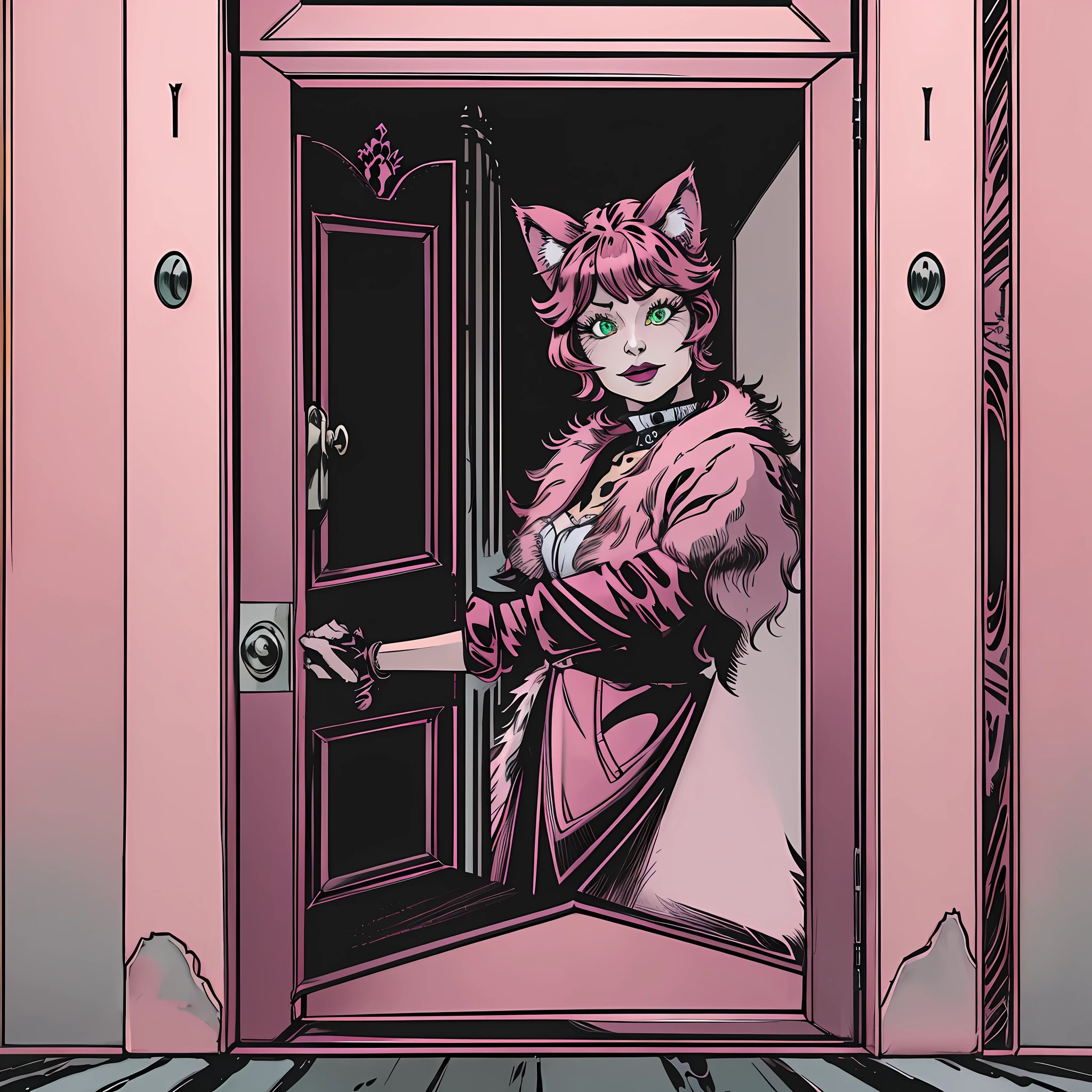 (cat) cheshire from wonderland, cat standing in front of a closed door, full shot, pink and black details, expressive eyes, fur clothing, two colours