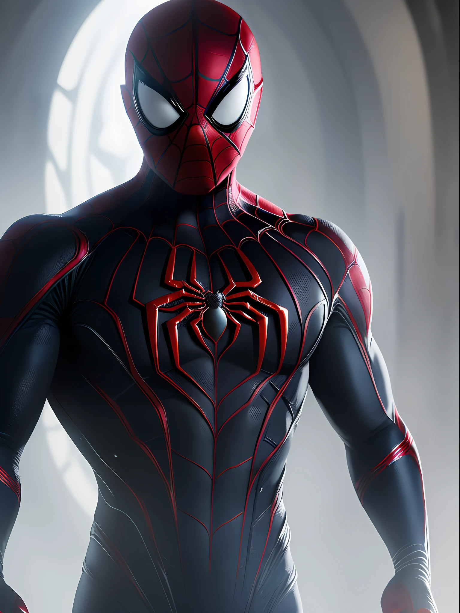 spider man in a black outfit with spider in the center of his chest in white, organic looking outfit, gooey forehead, symbiote, white eyes, fine art, ps5 cinematic screenshot,highly detailed detailed cinematic rendering, ultra photorealistic raytricing, with cinematic lighting