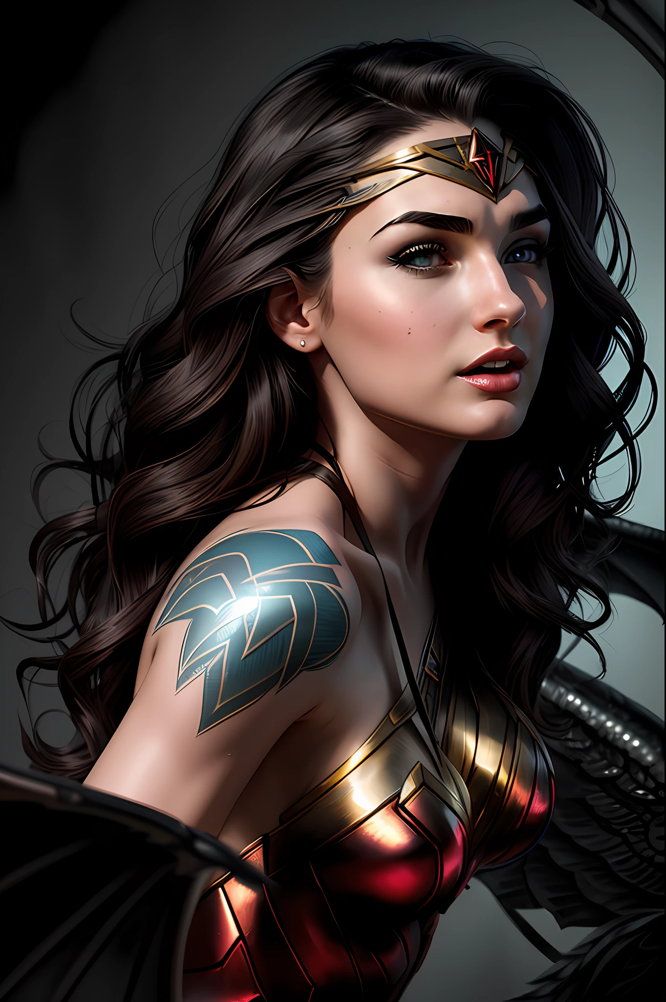 Gal gadot of wonder woman, very complex, hyper-maximalist, super-detailed, tribal, cinematic, dark fantasy, full body of an evil and beautiful young dragon queen, goddess megan fox, with long black windblown hair and wings of dragon scales, Magic, the reunion, pale skin and dark eyes, smiling succubus, flirting, confident, seductive, gothic, windblown hair, high contrast vibrant, by andrei riabovitchev, tomasz alen kopera,moleksandra shchaslyva, peter mohrbacher, Omnious intricate, octane, moebius, arney freytag, fashion photo shoot, glamorous pose, trend in ArtStation, dramatic lighting, ice, fire and smoke, orthodox symbolism Diesel punk, mist, ambient occlusion, volumetric lighting, Lord of the rings, BioShock, glamorous, emotional, tattoos, filmed in photographic studio, professional studio lighting, backlit, Deviant-art rim lighting, hyper-detailed illustration, 8k