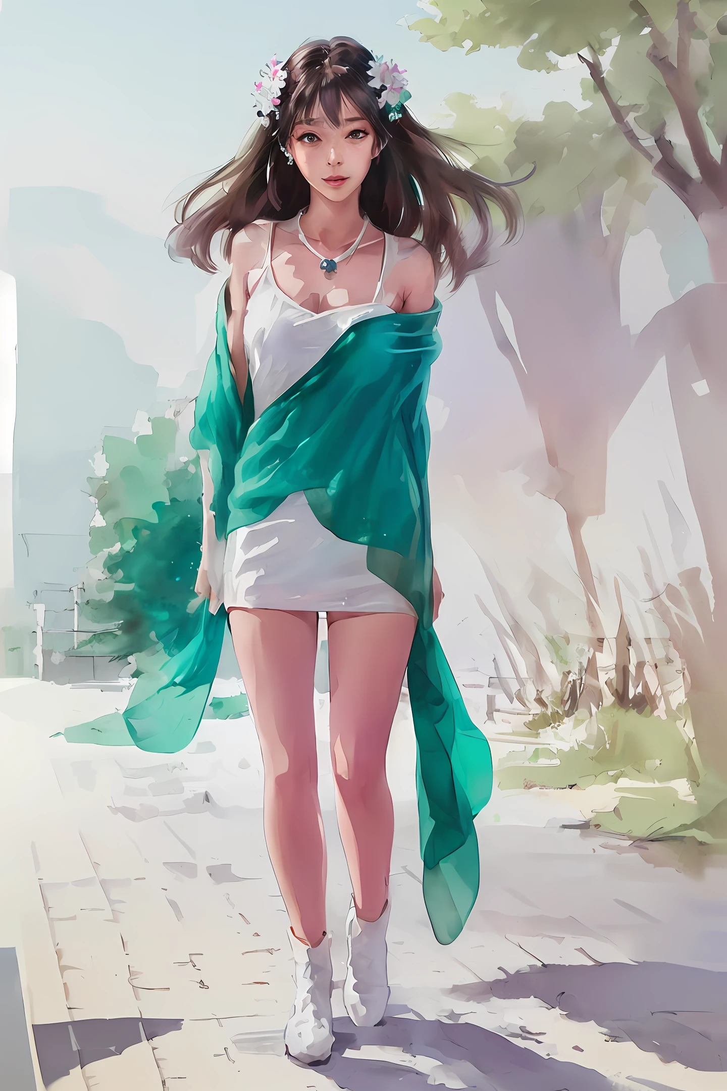full body, straight view, eye focus, breast tightness, beautiful detailed whole body, flat chest, girl, woman, female, mature, 30 years old, long hair, curly hair, crying bangs, black hair, flowing hair in the wind, ahoge, beautiful delicate face, seductive smile, beautiful and delicate eyes, closed_mouth, bare_shoulders, delicate hands, large_breasts, zettai_ryouiki, blue eyes, white skin, cute accessories, hair_flower, necklace, white_gloves, cute detailed dress, knee_boots, extremely detailed CG 8k wallpaper unit, extremely CG,photorealistic, ultra high resolution, intricate, hyperdetailed, (skindentation), cute, feminine, detailed body, (detailed face: 1.1), (outlined iris), (hydrocolor lenses), (perfect eyes), 4k, gorgeous, (masterpiece: 1.2), (best quality:1.2), several beautiful women, wide hips, thick thighs, (big breasts:1.2) and (huge breasts:1.2), dress, slutty, seductive pose, extreme hourglass figure, stripper, in the club, dancing,mini skirt.