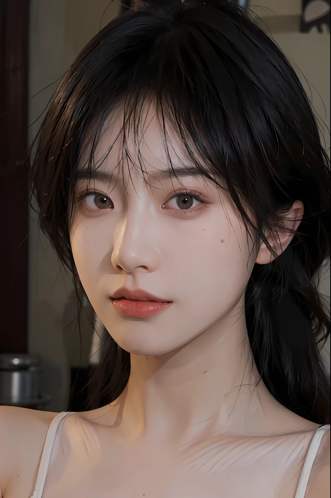 8K, Best Quality, Masterpiece, Ultra High Resolution, (Realism: 1.4), Original Photo, (Realistic Skin Texture: 1.3), (Film Grain: 1.3), (Selfie Angle), 1 Girl, Beautiful Eyes and Face Details, Masterpiece, Best Quality, Close-up, Upper Body, Looking at the Viewer