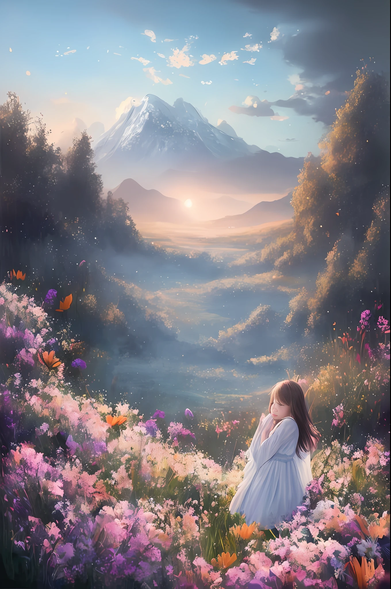 wideshot of a girl crying, there is a field of flowers with a mountain in the background, beautiful digital painting, floral environment, 4k highly detailed digital art, gorgeous digital painting, dreamy landscape, 8 k resolution digital painting, 8k resolution digital painting, beautiful digital artwork, floral sunset, 4k hd matte digital painting, 8k digital painting, dreamlike digital painting, 4k digital painting