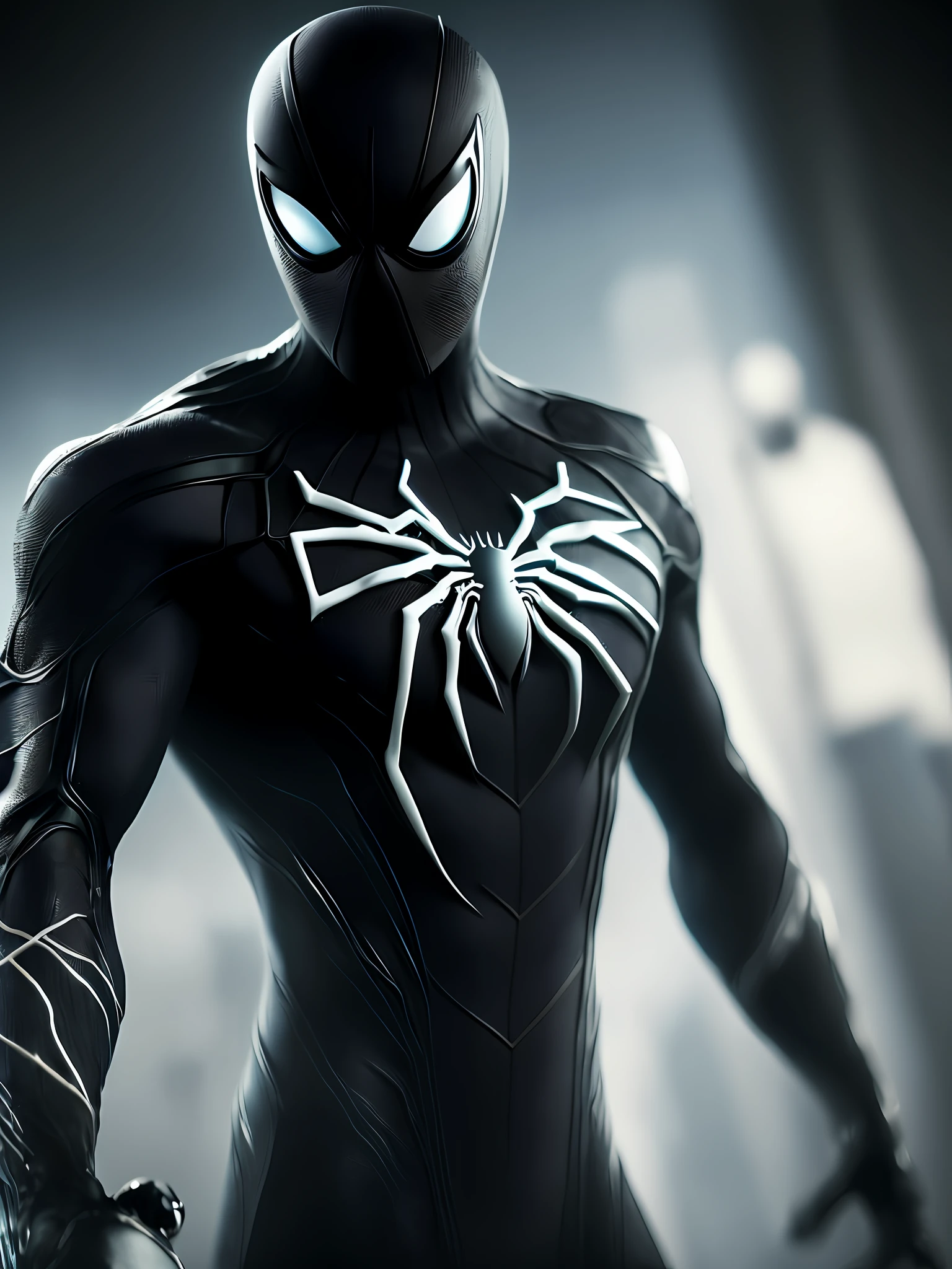 spider man e Ghost spider, two with in a black bodysuit with a spider in the center of his chest in white, organic-looking clothing, slime texture, symbiote, white eyes, fine art, ps5 cinematic screenshot,highly detailed detailed cinematic rendering, raytricing ultra fotorrealista, com iluminação cinematográfica, black hair, Surrealism, 8k, super detail