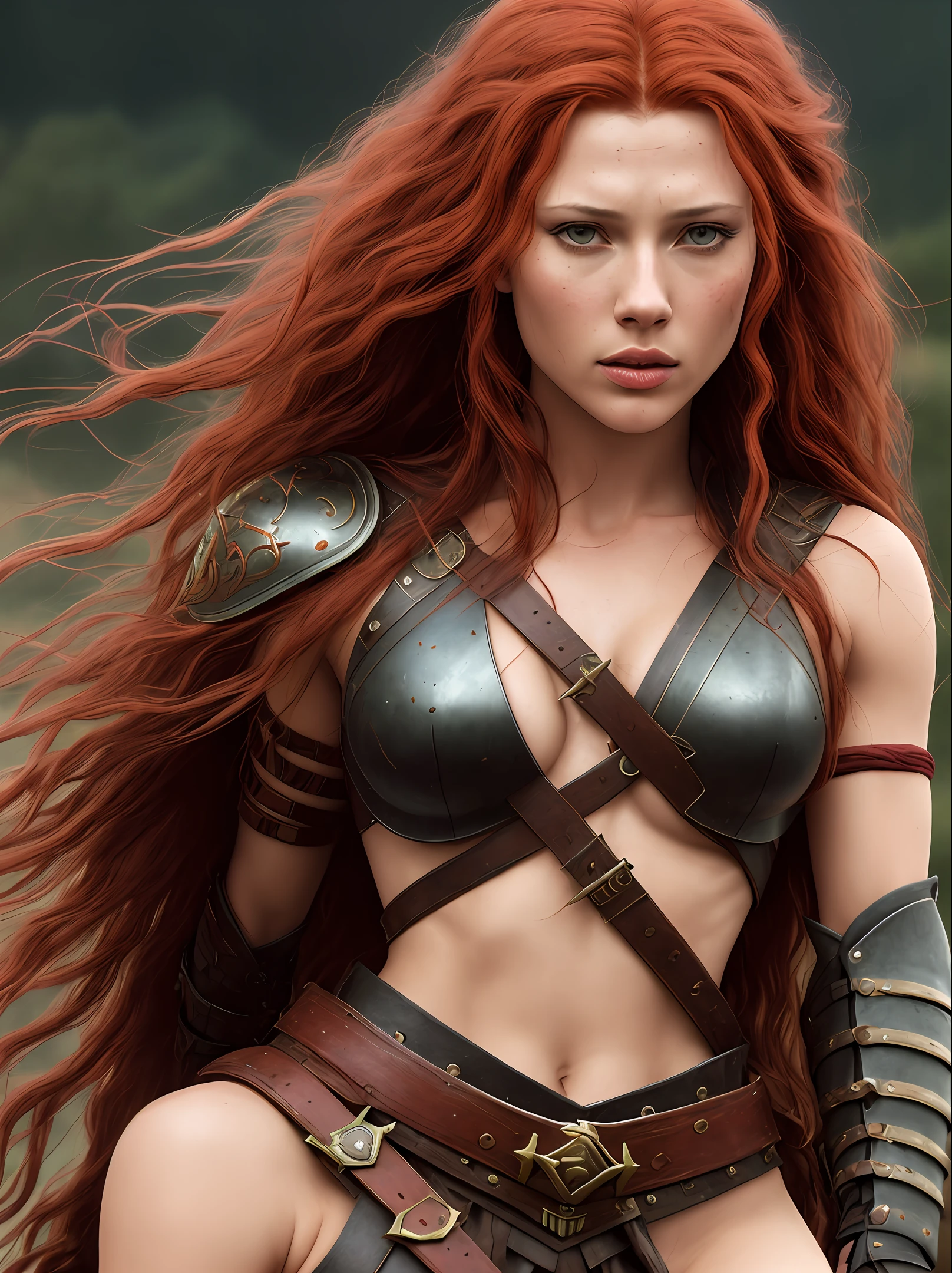 A photorealistic portrait of a warrior Scarlet Johansen with long red hair, in a scene of Conan The Barbarian, wearing warrior clothes and a sword, with a battlefield as the background, a medieval movie still in the style of Zack Snyder, grotesque, fierce, tumblr contest winner, hurufiyya, renaissance painting, very strong but feminine, movie still, cinematic lighting. photograph, detailed symmetric realistic face, extremely detailed natural texture, peach fuzz, long hair, masterpiece, absurdres, nikon d850 film stock photograph, kodak portra 400 camera f1.6 lens, extremely detailed, amazing, fine detail, hyper realistic lifelike texture, dramatic lighting, unrealengine, trending on artstation, cinestill 800 tungsten, looking at the viewer, photo realistic, RAW photo, TanvirTamim, high quality, highres, sharp focus, extremely detailed, cinematic lighting, 8k uhd,-imagine-