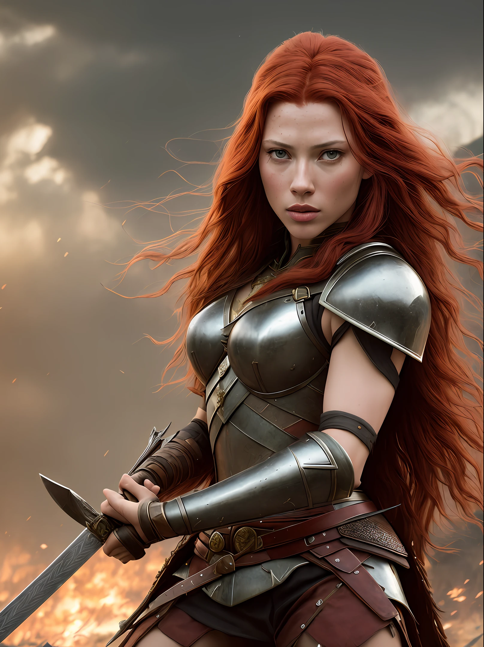 A photorealistic portrait of a warrior Scarlet Johansen with long red hair, in a scene of Conan The Barbarian, wearing warrior clothes and a sword, with a battlefield as the background, a medieval movie still in the style of Zack Snyder, grotesque, fierce, tumblr contest winner, hurufiyya, renaissance painting, very strong but feminine, movie still, cinematic lighting. photograph, detailed symmetric realistic face, extremely detailed natural texture, peach fuzz, long hair, masterpiece, absurdres, nikon d850 film stock photograph, kodak portra 400 camera f1.6 lens, extremely detailed, amazing, fine detail, hyper realistic lifelike texture, dramatic lighting, unrealengine, trending on artstation, cinestill 800 tungsten, looking at the viewer, photo realistic, RAW photo, TanvirTamim, high quality, highres, sharp focus, extremely detailed, cinematic lighting, 8k uhd,-imagine-