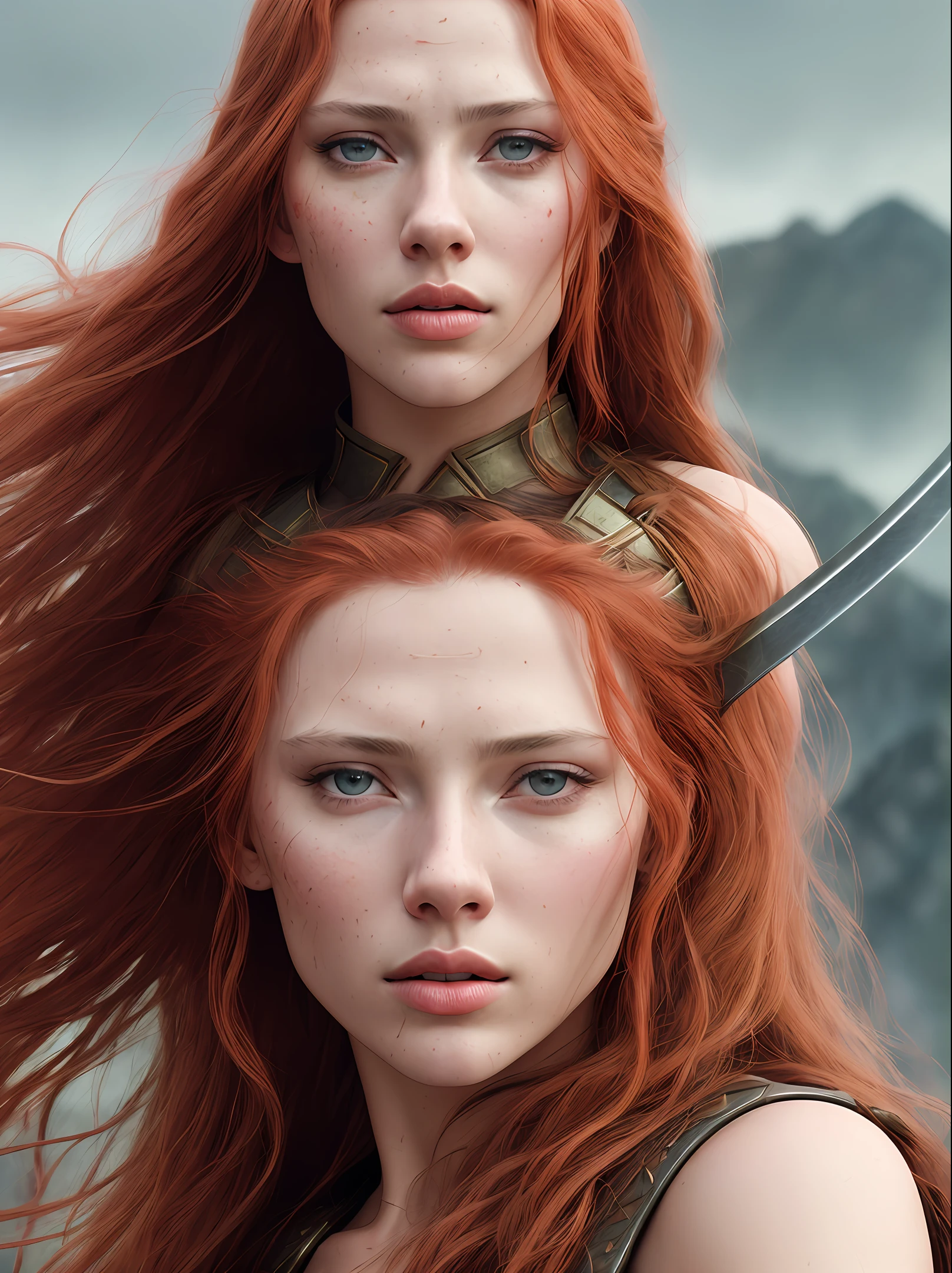 A photorealistic portrait of a warrior Scarlet Johansen with long red hair, in a scene of Conan The Barbarian, wearing warrior clothes and a sword, with a battlefield as the background, a medieval movie still in the style of Zack Snyder, grotesque, fierce, tumblr contest winner, hurufiyya, renaissance painting, very strong but feminine, movie still, cinematic lighting. photograph, detailed symmetric realistic face, extremely detailed natural texture, peach fuzz, long hair, masterpiece, absurdres, nikon d850 film stock photograph, kodak portra 400 camera f1.6 lens, extremely detailed, amazing, fine detail, hyper realistic lifelike texture, dramatic lighting, unrealengine, trending on artstation, cinestill 800 tungsten, looking at the viewer, photo realistic, RAW photo, TanvirTamim, high quality, highres, sharp focus, extremely detailed, cinematic lighting, 8k uhd,-imagine-