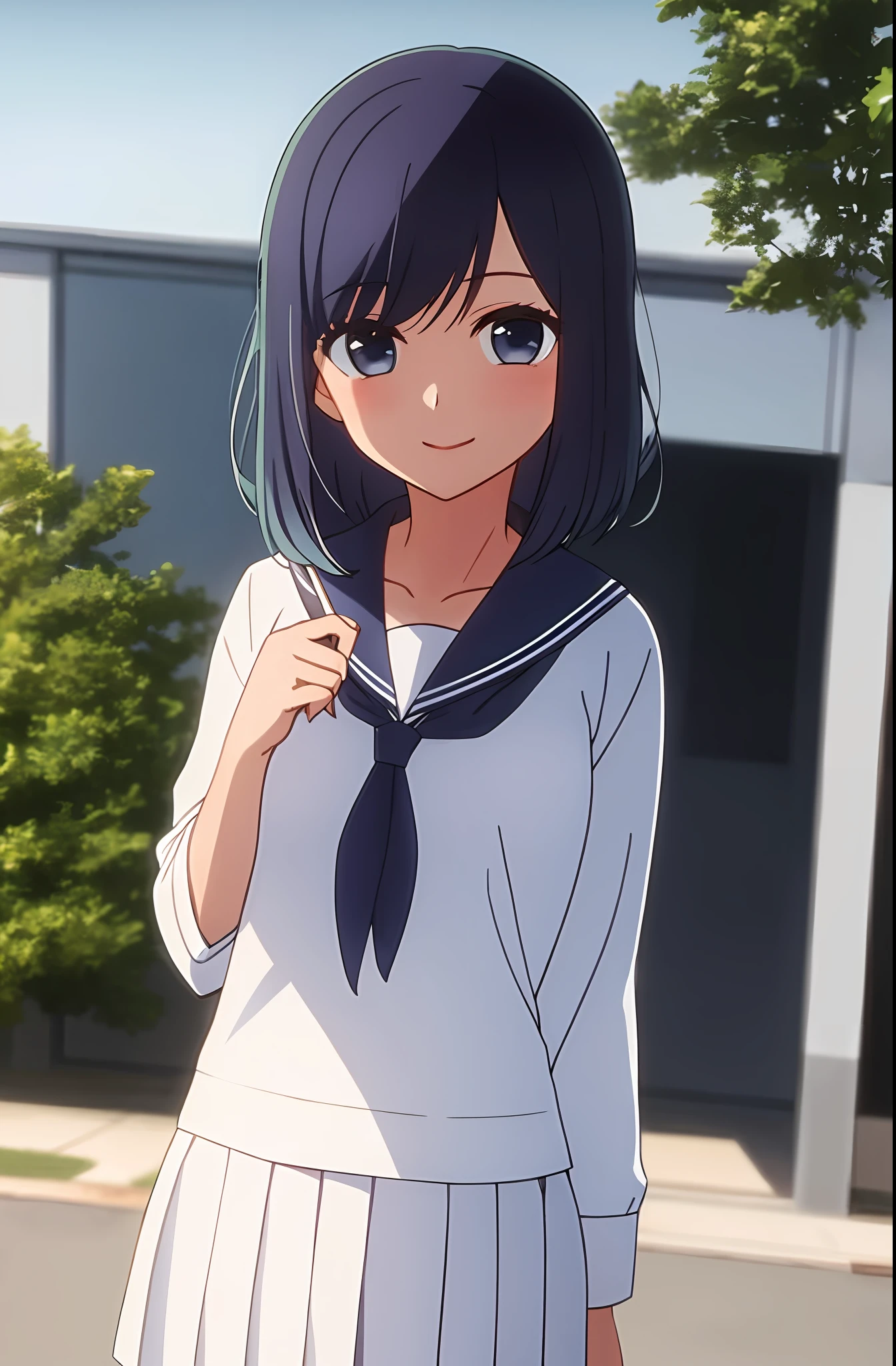 masterpiece, best quality, kurokawa_akane, closed_mouth, collarbone, school_uniform, looking_at_viewer, neckerchief, outdoors, sailor_collar, school_uniform, serafuku, smile, solo, upper_body