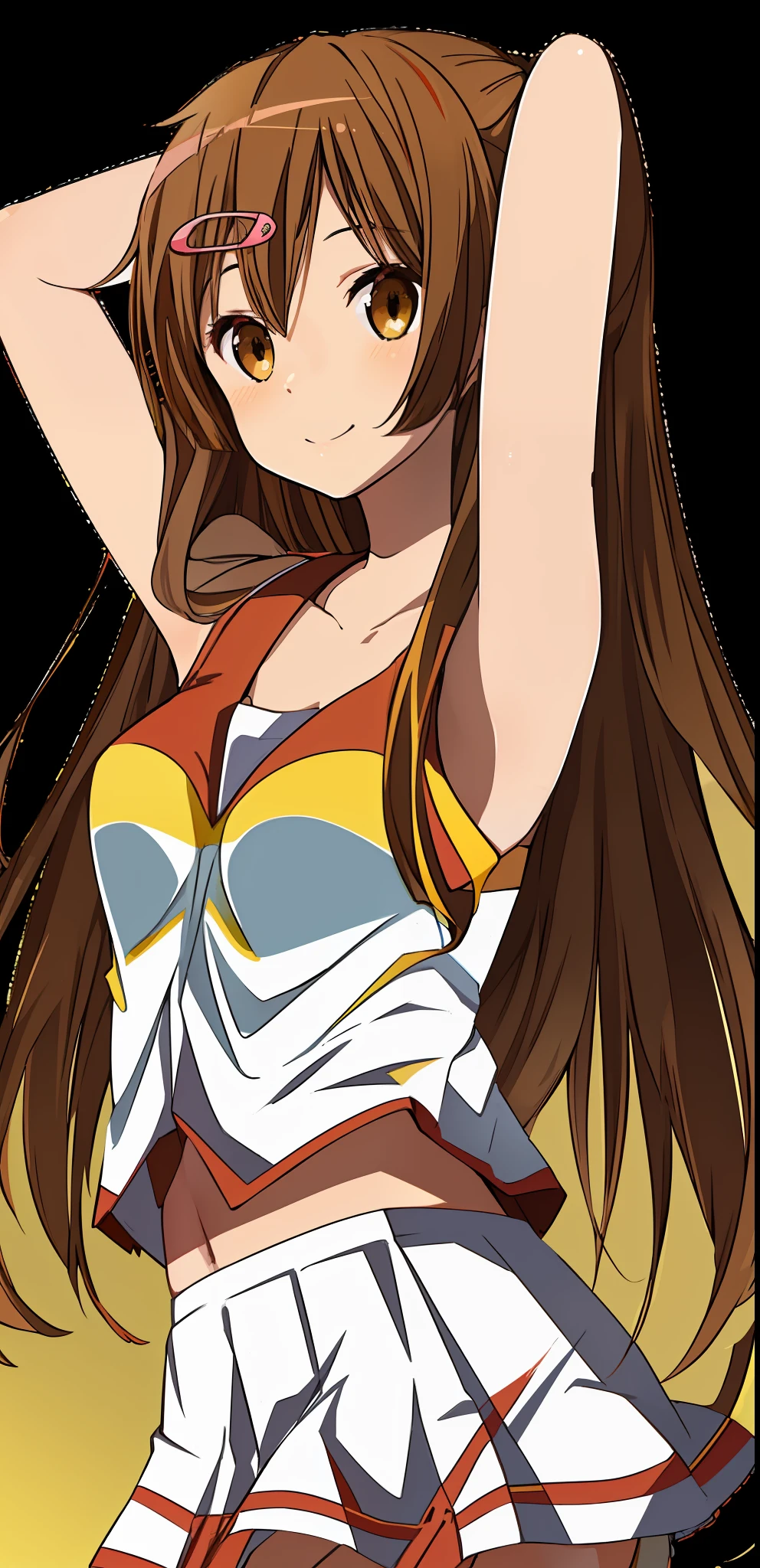 best quality, Shinka_Nibutani_\(Chearleader_uniform\), 1girl, solo, solo_focus, brown_hair, light brown_eyes, pink hairclip, red and white and yellow chearleader_uniform, white_skirt, smirk, yellow pom_pom_\(clothes\) large_breasts, long_hair
