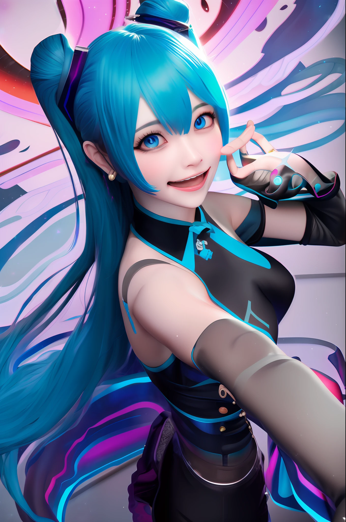 (ultra-realistic, 8k quality, masterpiece) depiction of Hatsune Miku, the popular blue-haired virtual idol. (Dynamic pose, glowing blue eyes, delicate and beautiful smile, detailed clothing, sparkling accessories) make her stand out in this breathtaking high-quality illustration. (Magical background, swirling clouds, ethereal lighting, vibrant colors) create an immersive and fantastical environment that complements the ethereal beauty of Hatsune Miku.