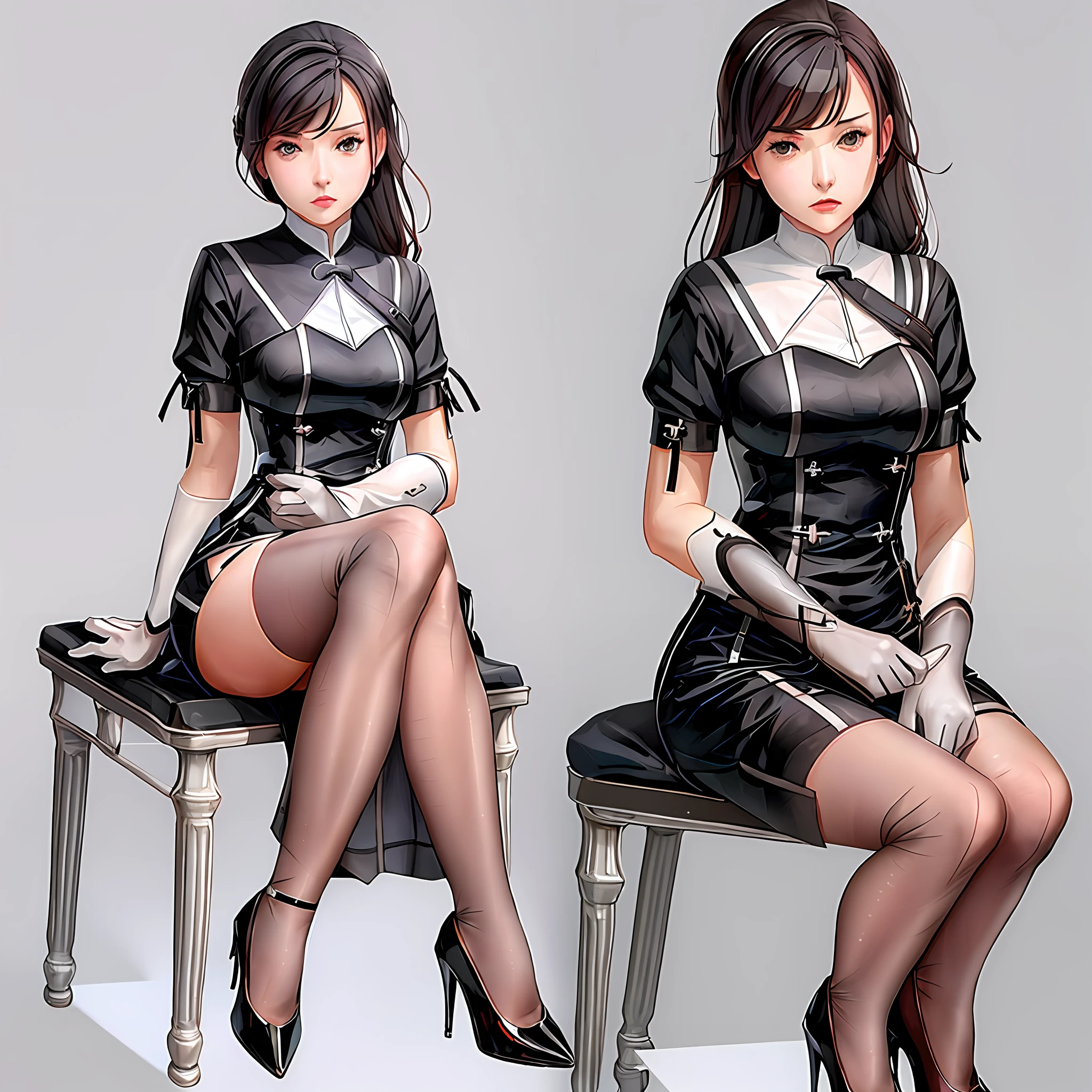 masterpiece, best quality, JingliuV4, 1girl, gloves, dress, simple background, grey background, high heels, sitting, ice, cowboy shot,
