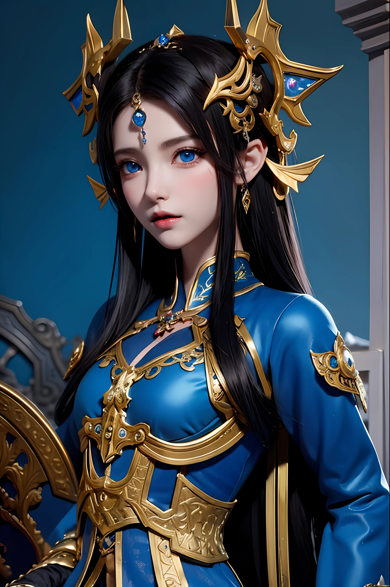the gorgeous Dragon Emperatriz (total war Warhammer) (black hair, blue eyes, small breasts) shiny armor, brave, subtle narrative, enigmatic atmosphere, atmospheric perspective, fluid movement, ethereal quality, solo, low fantasy, vivid brushstrokes, striking composition, psychedelic images, sitting in her throne