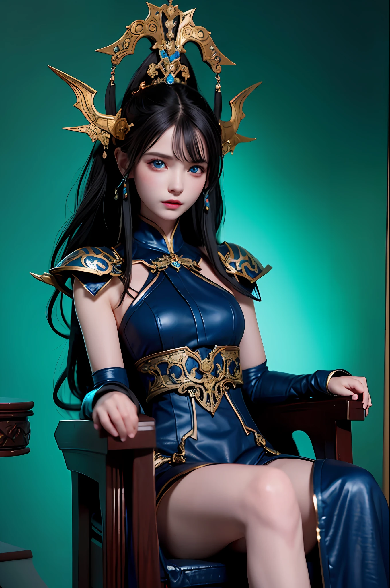 the gorgeous Dragon Emperatriz (total war Warhammer) (black hair, blue eyes, small breasts) shiny armor, brave, subtle narrative, enigmatic atmosphere, atmospheric perspective, fluid movement, ethereal quality, solo, low fantasy, vivid brushstrokes, striking composition, psychedelic images, sitting in her throne