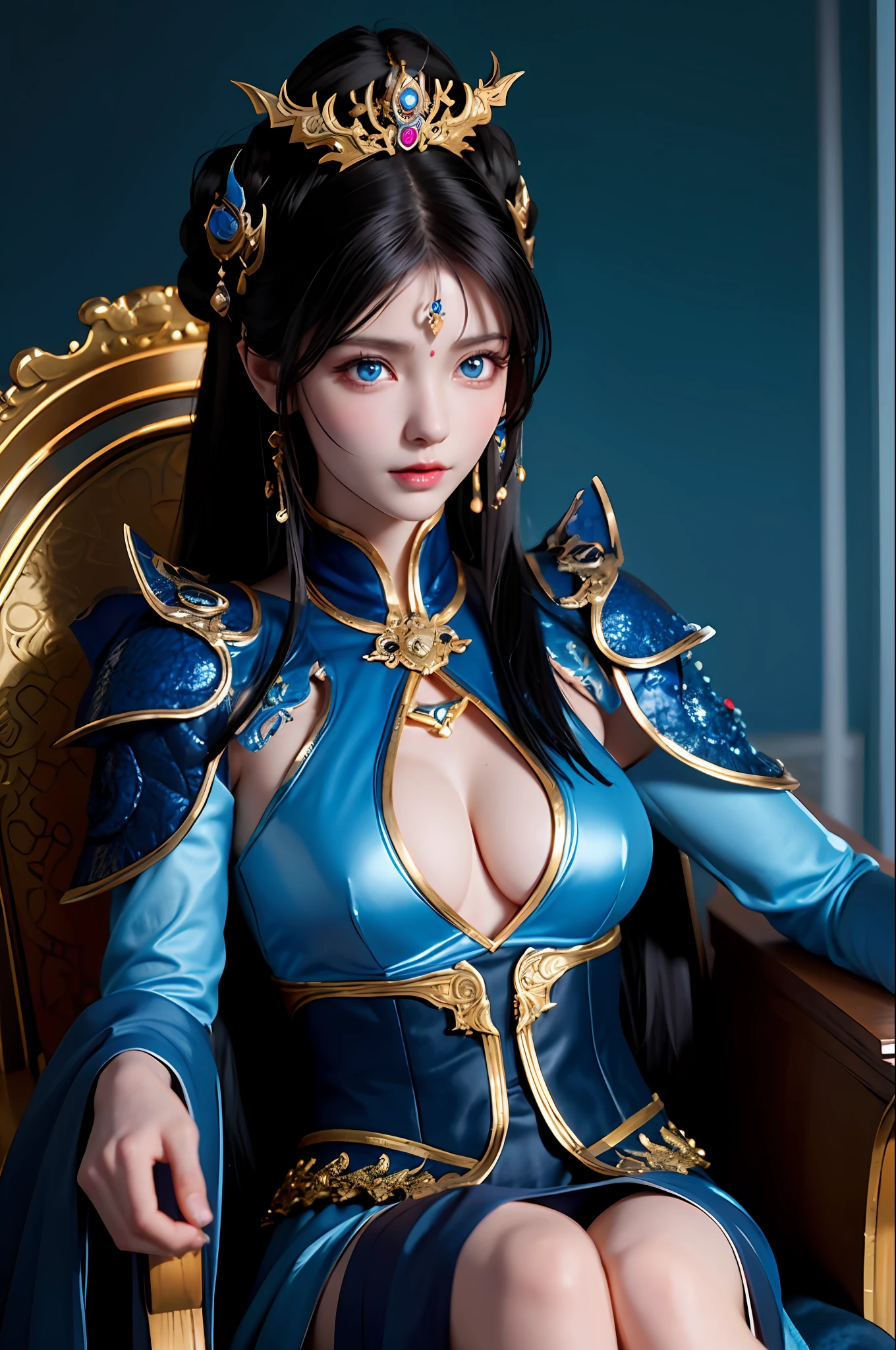 the gorgeous Dragon Emperatriz (total war Warhammer) (black hair, blue eyes, small breasts) shiny armor, brave, subtle narrative, enigmatic atmosphere, atmospheric perspective, fluid movement, ethereal quality, solo, low fantasy, vivid brushstrokes, striking composition, psychedelic images, sitting in her throne