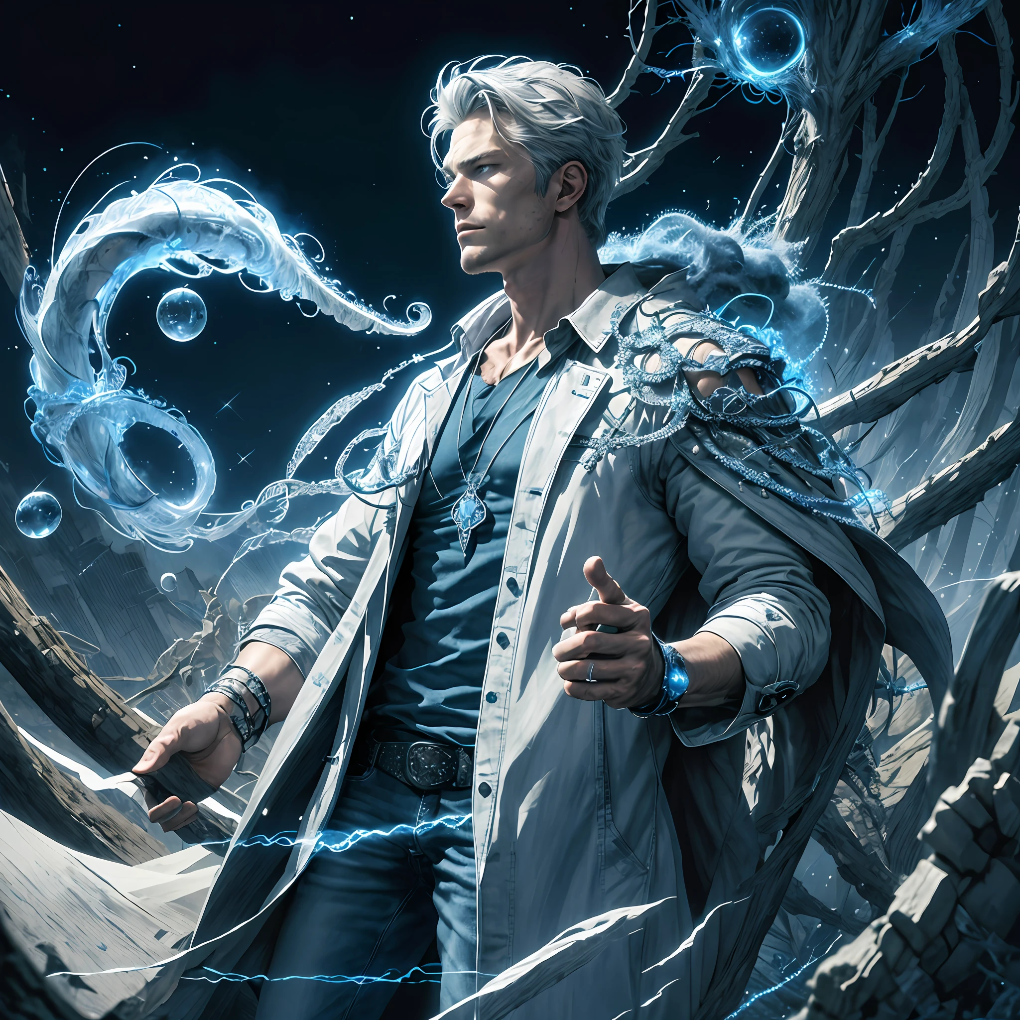 (absurdres, highres, ultra detailed), 1 male, young adult, handsome, tall muscular guy, broad shoulders, blond hair, blue eyes, finely detailed eyes and detailed face, extremely detailed CG unity 8k wallpaper, intricate details, (style-swirlmagic:1.2), portrait, looking at viewer, solo, (full body:0.6), dynamic pose, detailed background, warrior mage, blue aura, casting a spell, tangle, zentangle, entangle, white trench coat, silver amulet, dark shirt, worn jeans, silver detailing, sparkling blue mist, floating pieces of dirt, blue energy emanating, cowboy shot, urban area, night,