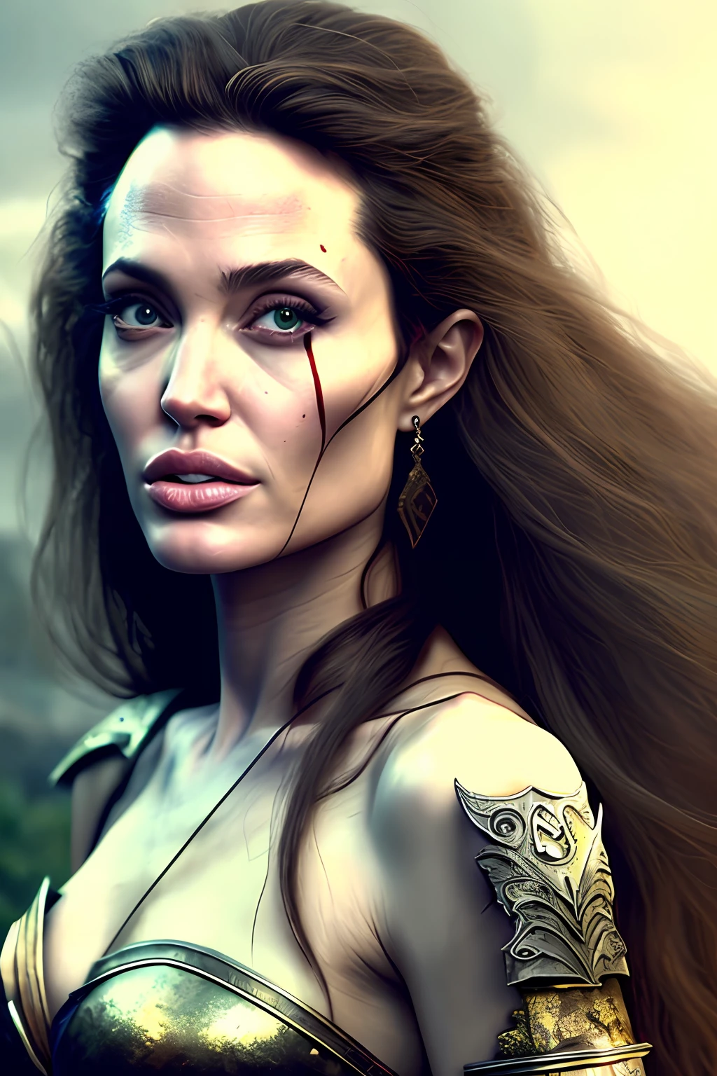 A photorealistic portrait of a warrior Angelina Jolie with long windy messy red hair, in a scene of Conan The Barbarian, wearing warrior clothes and a sword, with a battlefield as the background, a medieval movie still in the style of Zack Snyder, grotesque, fierce, tumblr contest winner, hurufiyya, renaissance painting, very strong but feminine, movie still, cinematic lighting. photograph, detailed symmetric realistic face, extremely detailed natural texture, peach fuzz, long hair, masterpiece, absurdres, nikon d850 film stock photograph, kodak portra 400 camera f1.6 lens, extremely detailed, amazing, fine detail, hyper realistic lifelike texture, dramatic lighting, unrealengine, trending on artstation, cinestill 800 tungsten, looking at the viewer, photo realistic, RAW photo, TanvirTamim, high quality, highres, sharp focus, extremely detailed, cinematic lighting, 8k uhd,-imagine-