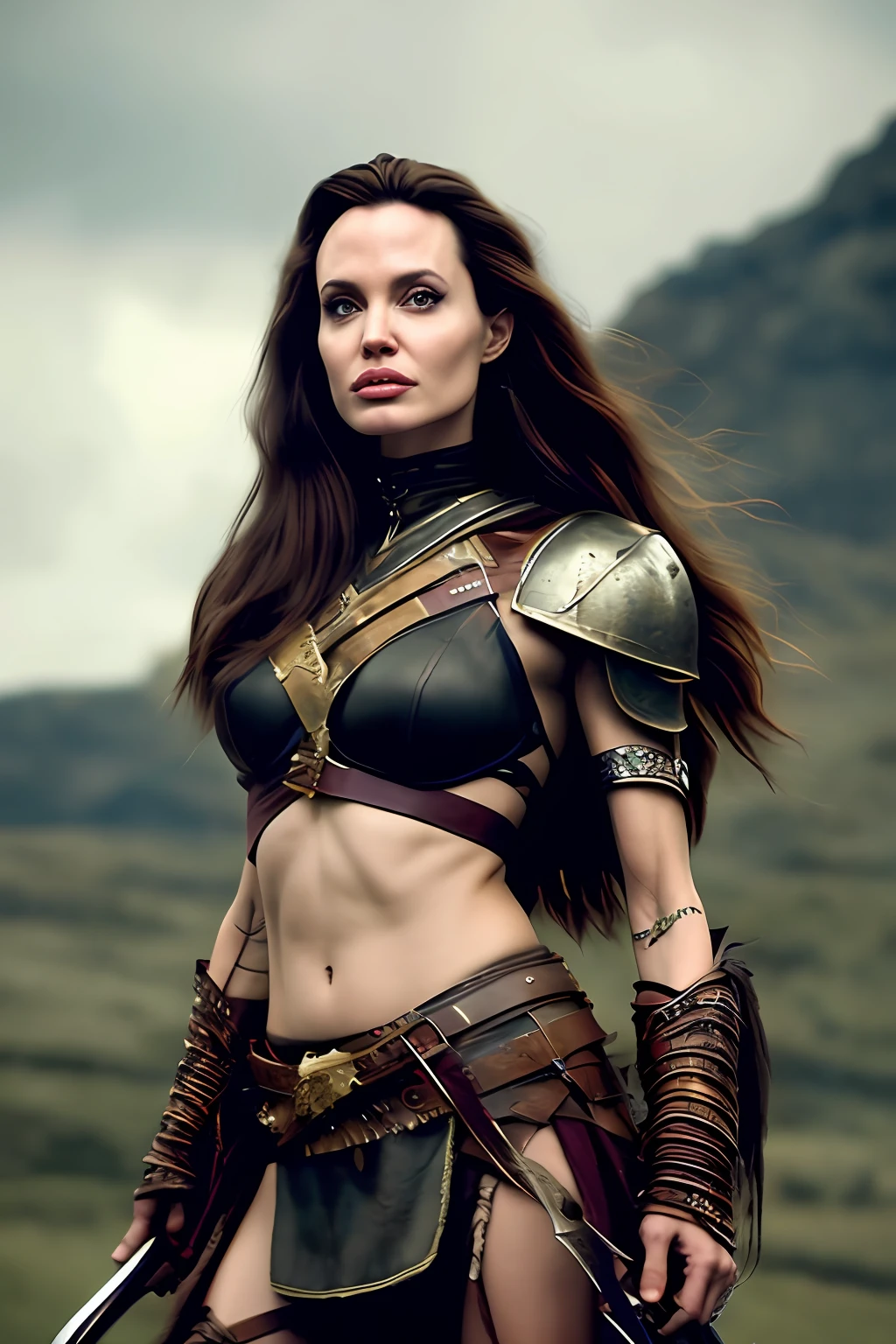 A photorealistic portrait of a warrior Angelina Jolie with long windy messy red hair, in a scene of Conan The Barbarian, wearing warrior clothes and a sword, with a battlefield as the background, a medieval movie still in the style of Zack Snyder, grotesque, fierce, tumblr contest winner, hurufiyya, renaissance painting, very strong but feminine, movie still, cinematic lighting. photograph, detailed symmetric realistic face, extremely detailed natural texture, peach fuzz, long hair, masterpiece, absurdres, nikon d850 film stock photograph, kodak portra 400 camera f1.6 lens, extremely detailed, amazing, fine detail, hyper realistic lifelike texture, dramatic lighting, unrealengine, trending on artstation, cinestill 800 tungsten, looking at the viewer, photo realistic, RAW photo, TanvirTamim, high quality, highres, sharp focus, extremely detailed, cinematic lighting, 8k uhd,-imagine-