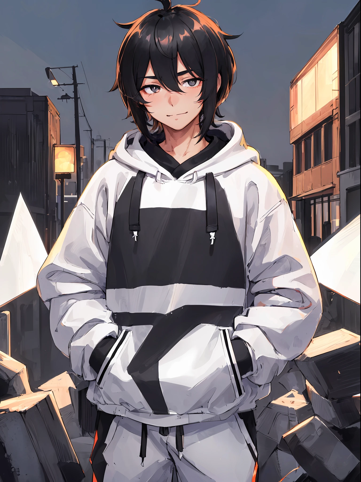 ((highest quality, masterpiece, 4k, finely detailed, detailed eyes, detailed face, gelbooru, pixiv)), warm lighting, ((solo)), 1 male, handsome, masculine, adult male, broad shoulders, closeup of face, ((black chin hair)), portrait, slight blush on cheeks, smiling, looking at viewer, ((lazy eyes, half-lidded, eyebags under eyes, black eyes with white pupils)), wearing modern clothing, hoodie with a logo, sweatpants, standing, hands in pockets, ((black hair, medium length hair, shaggy hairstyle, messy hair)), city background