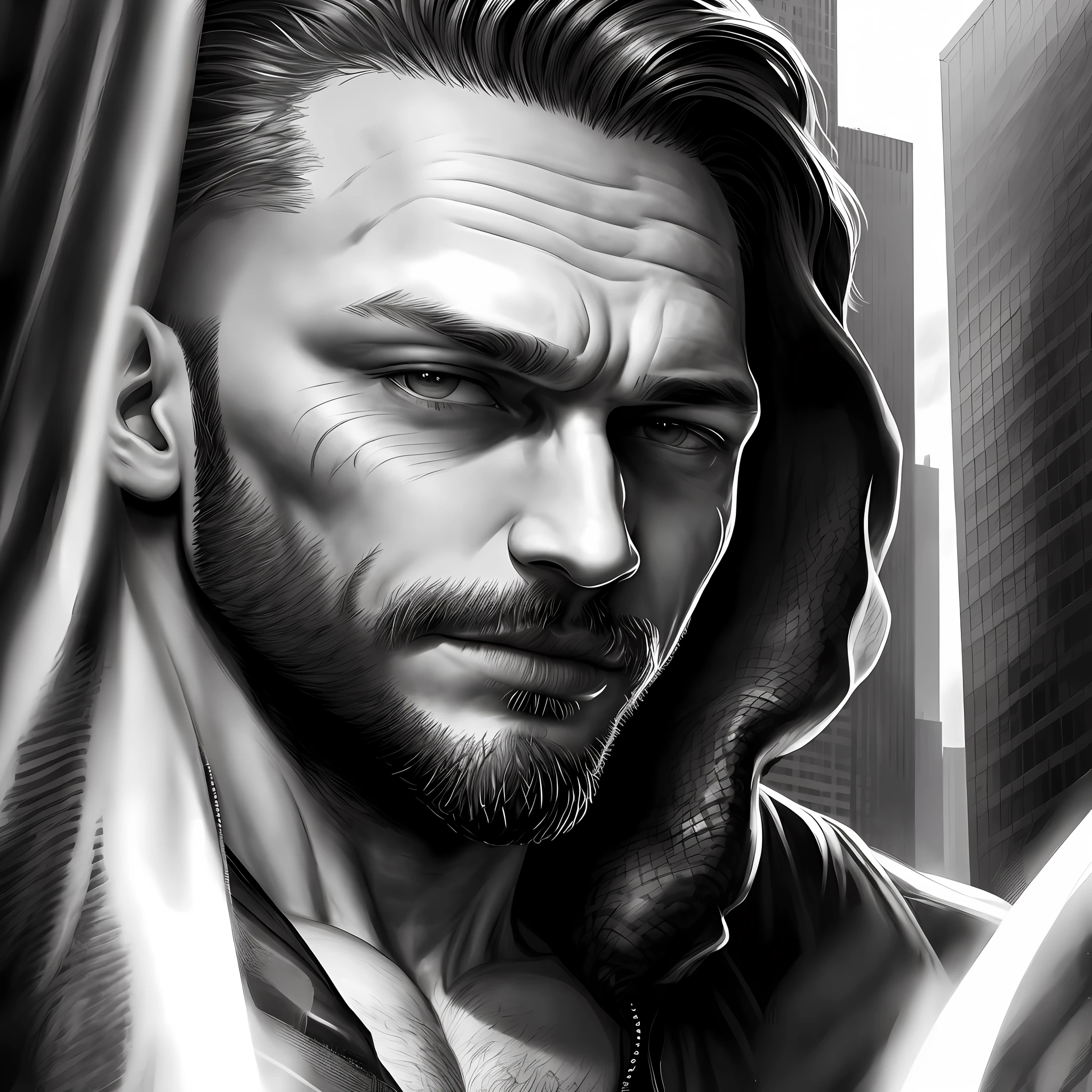Tom hardy, venom, buildings in the background, black and white, portrait
