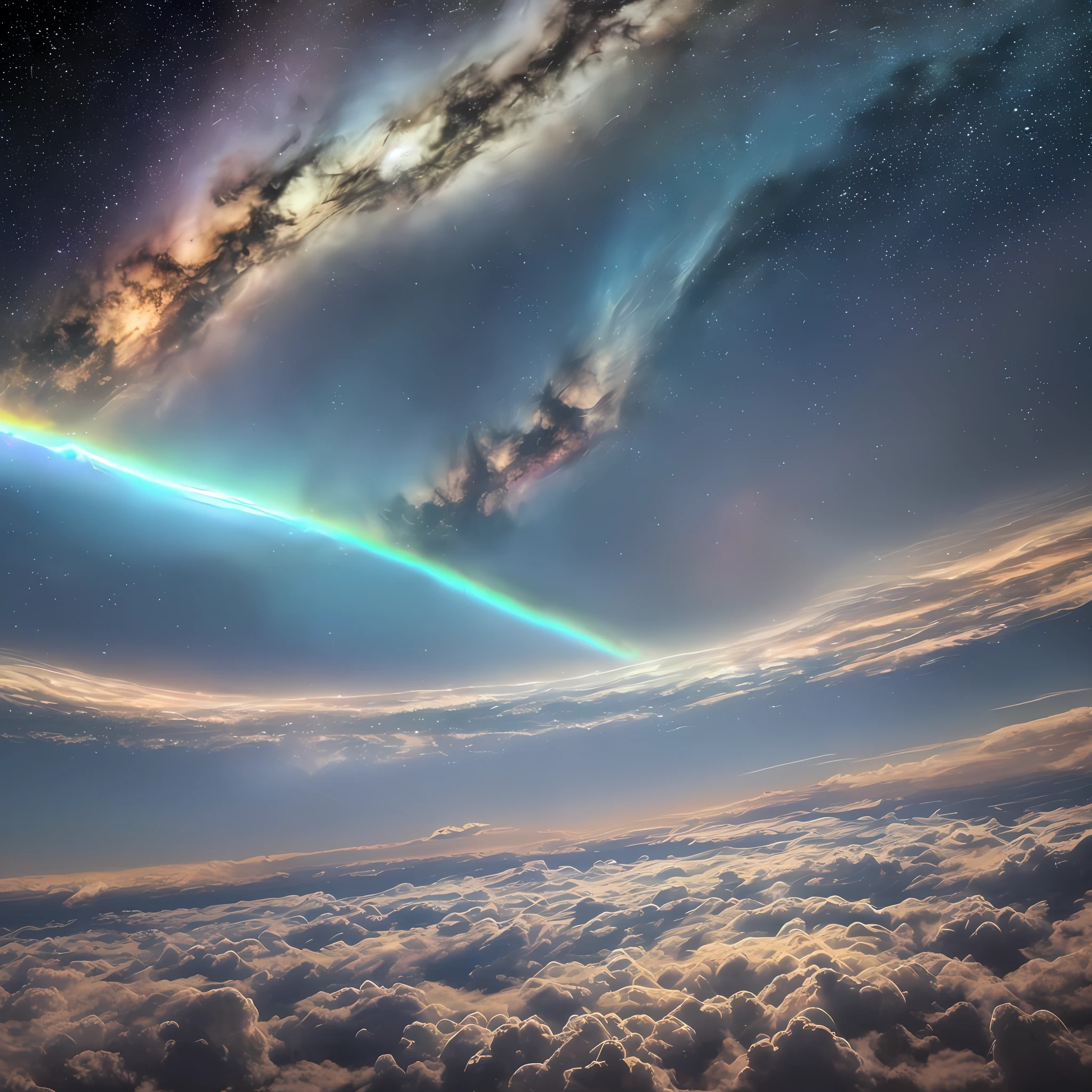 Vision outside the atmosphere, looking inside the atmosphere, exoplanet gas giant, huge radius, strong magnetic field, multi-layer atmosphere
The atmosphere, composed of different gases, temperature and pressure change with altitude, producing storms, clouds are composed of different substances, such as water, ammonia, methane, etc., forming different colors and shapes, flashing like lightning, vast, boundless space, full of mystery and unknown, making people feel awe and wonder, magnificent, strong winds and turbulence between clouds, causing changes and movements of clouds, making people feel spectacular and dangerous, cloudscapes, beautiful shadows of other planets or moons seen from above the clouds, Small celestial bodies composed of solid or liquid matter, supported by gases or magnetic fields in the atmosphere, floating in clouds, sometimes with life, colorful skies, colorful skies formed by the refraction and reflection of light of different wavelengths, sometimes rainbows or halos and other miracles